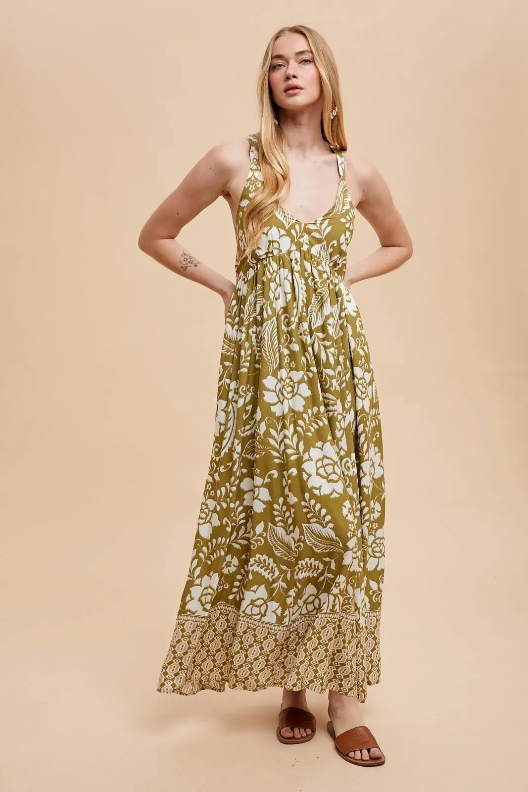 Olive Floral Crisscross Back Cutout Maxi Dress sold by Pinkblush product image thumbnail 3