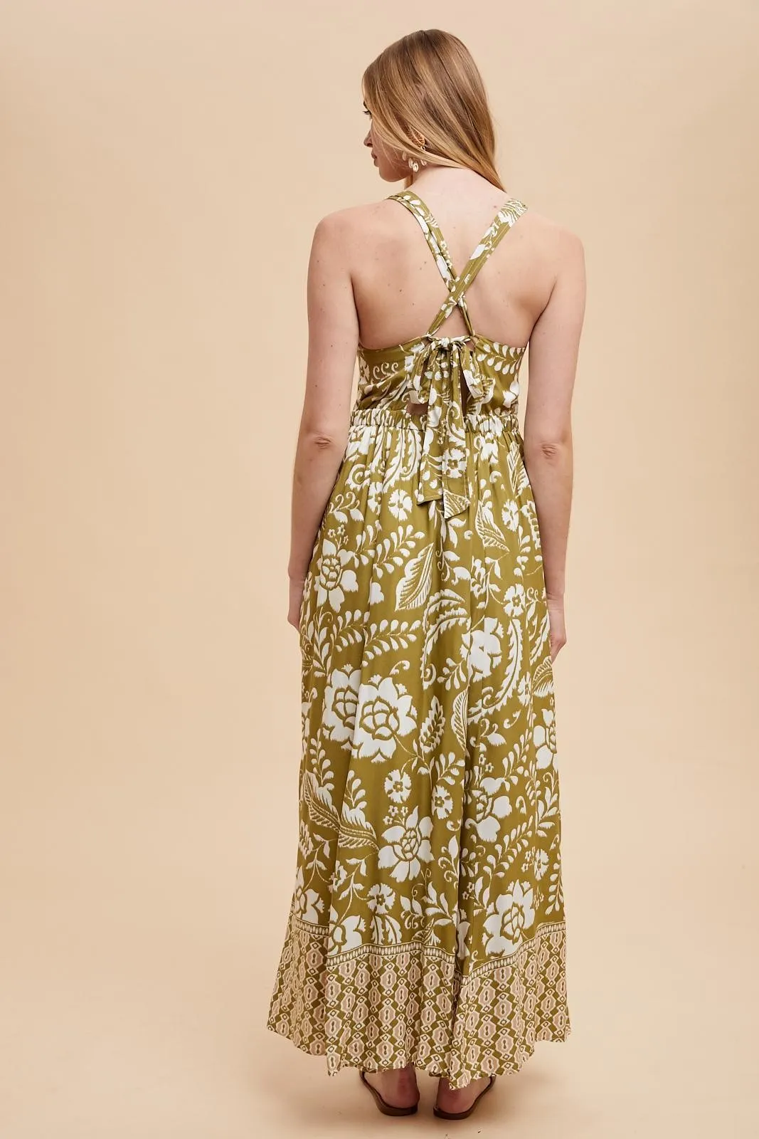 Olive Floral Crisscross Back Cutout Maxi Dress sold by Pinkblush product image thumbnail 4