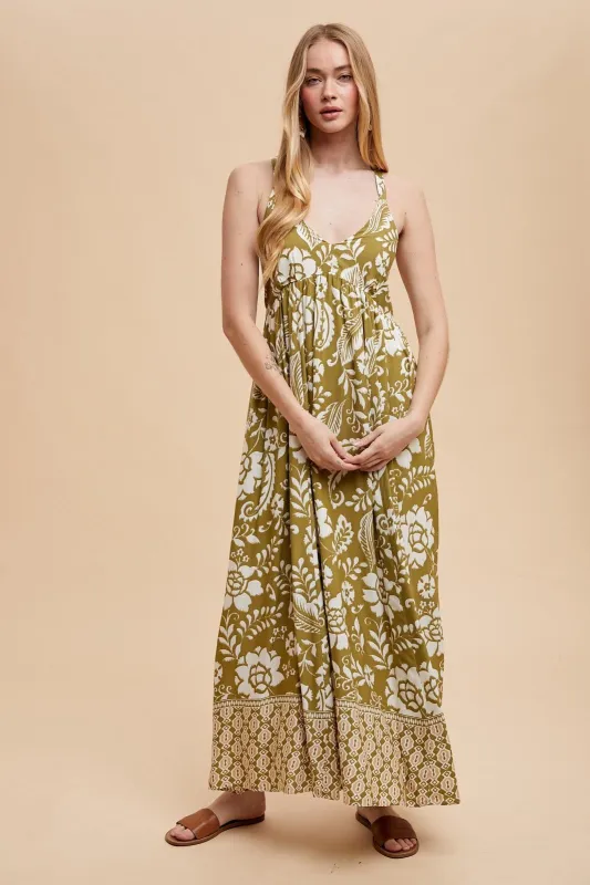 Olive Floral Crisscross Back Cutout Maxi Dress sold by Pinkblush