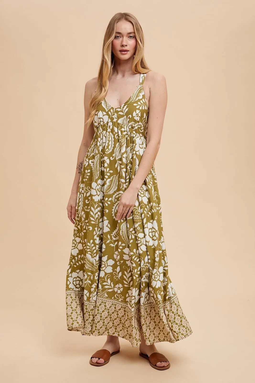 Olive Floral Crisscross Back Cutout Maxi Dress sold by Pinkblush product image thumbnail 2