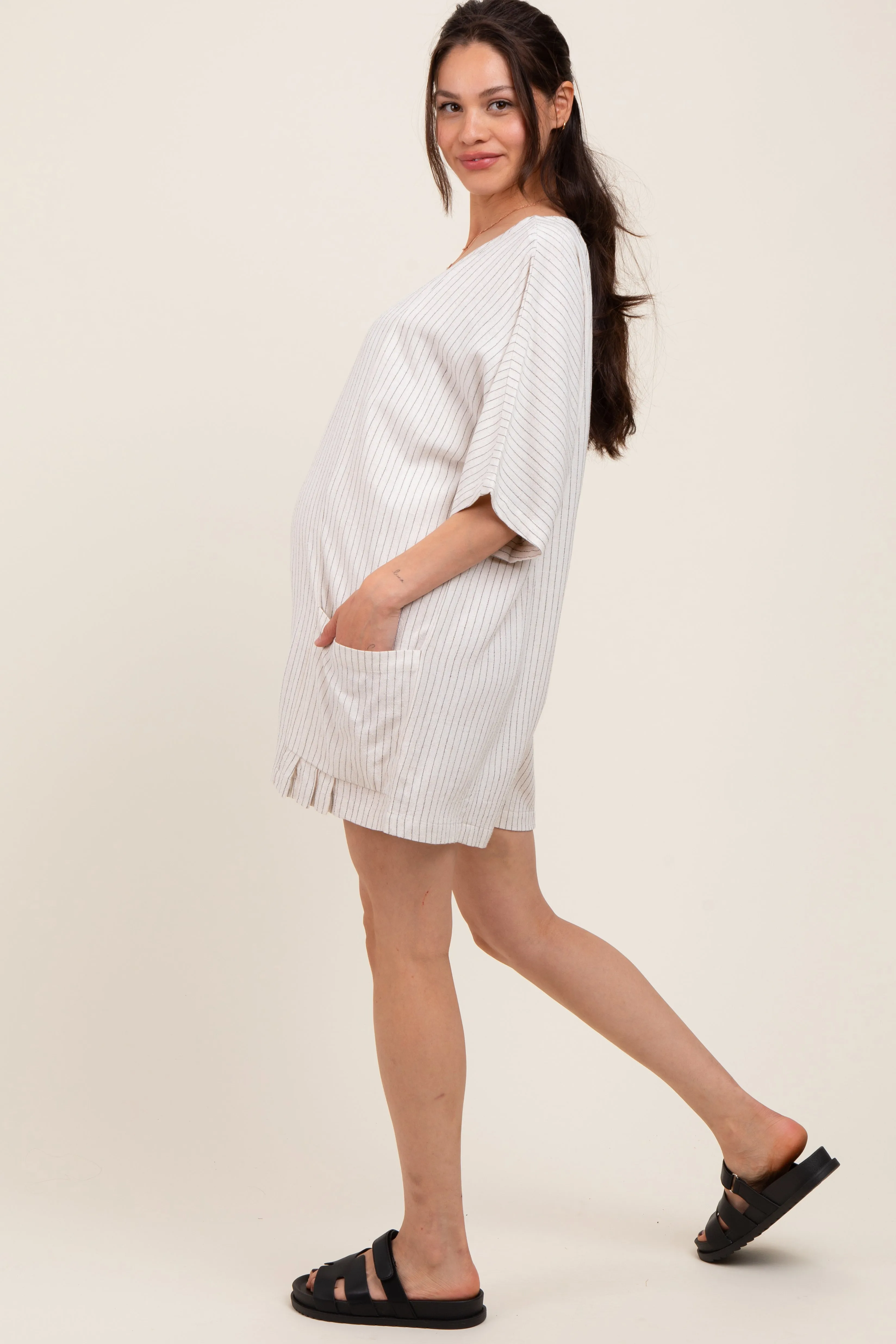 Beige Stripe Dolman Sleeve Linen Blend Maternity Romper sold by Pinkblush product image thumbnail 3
