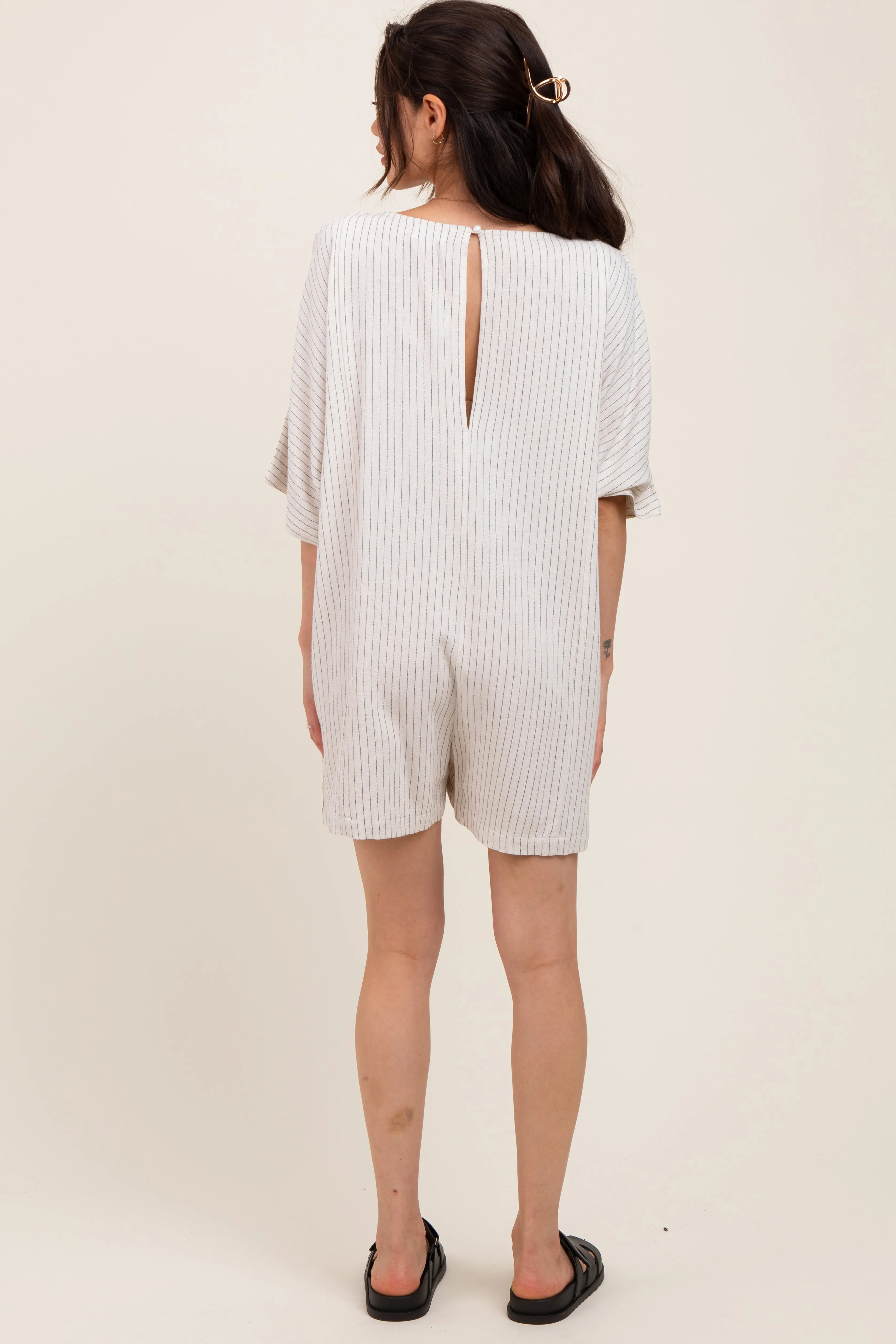 Beige Stripe Dolman Sleeve Linen Blend Maternity Romper sold by Pinkblush product image thumbnail 4