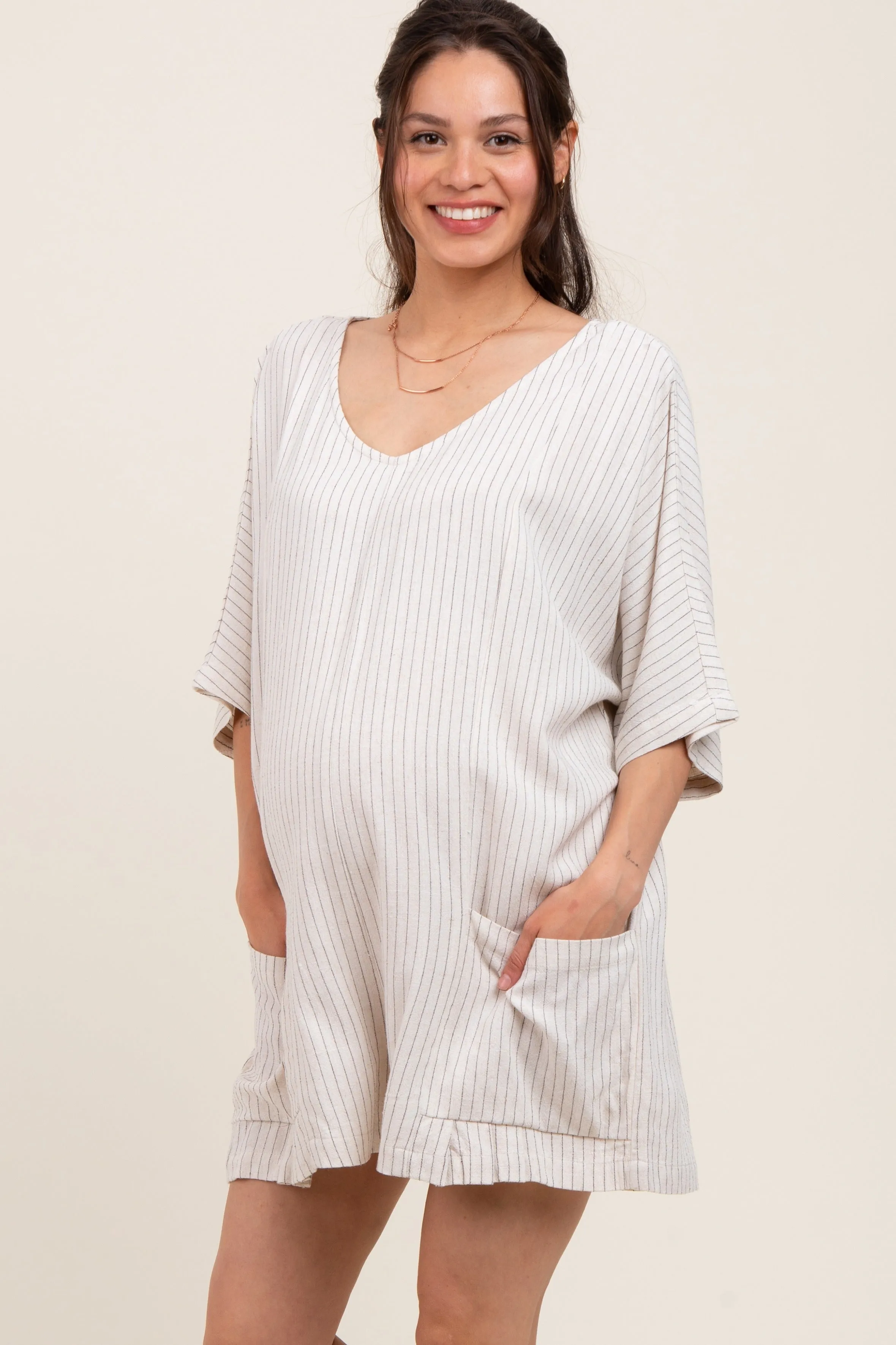 Beige Stripe Dolman Sleeve Linen Blend Maternity Romper sold by Pinkblush