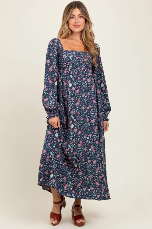 Navy Blue Floral Pleated Bust Long Sleeve Maternity Maxi Dress sold by Pinkblush
