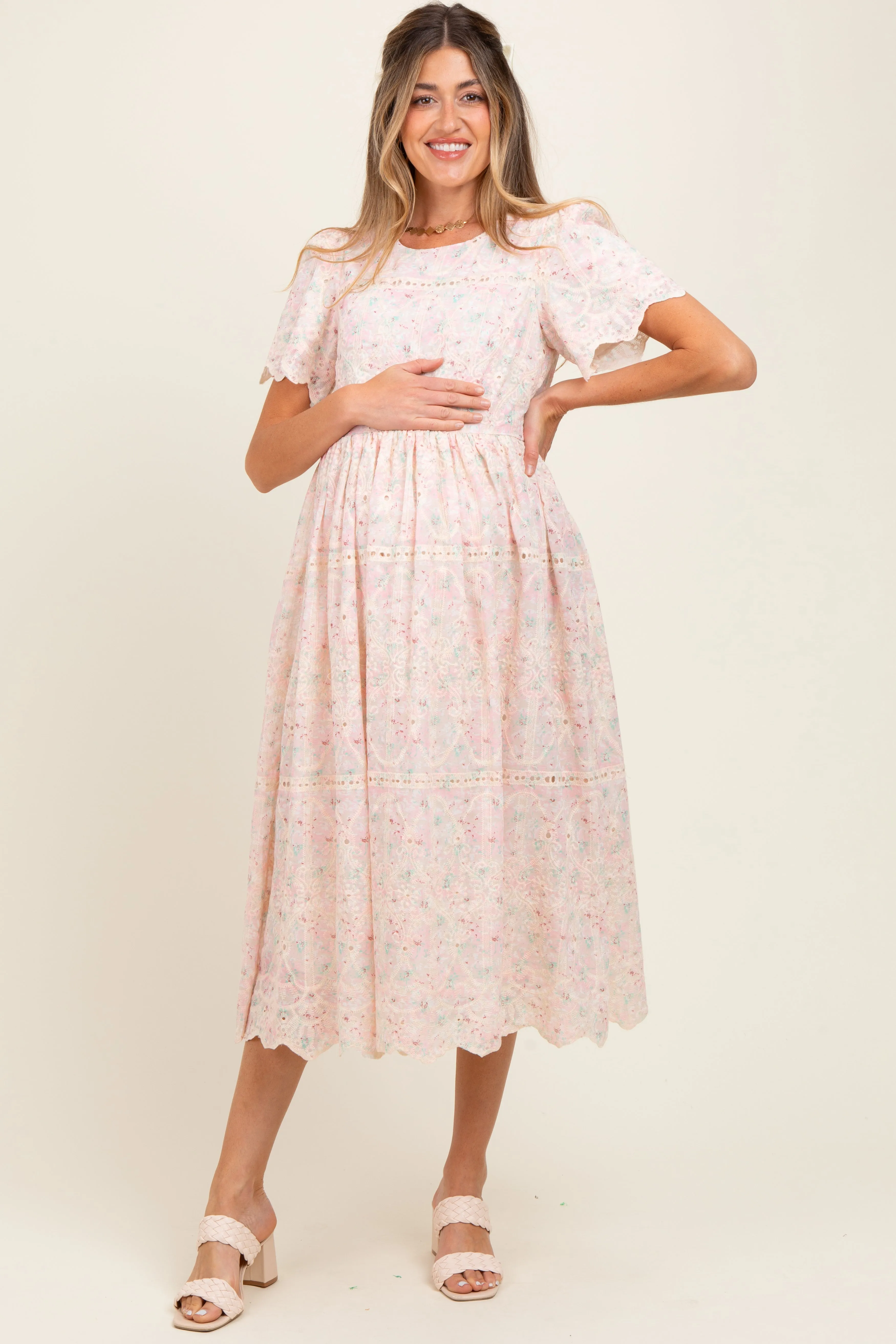 Light Pink Embroidered Chiffon Maternity Midi Dress sold by Pinkblush product image thumbnail 2