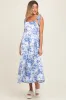 Blue Floral Shoulder Tie Striped Trim Maternity Midi Dress sold by Pinkblush