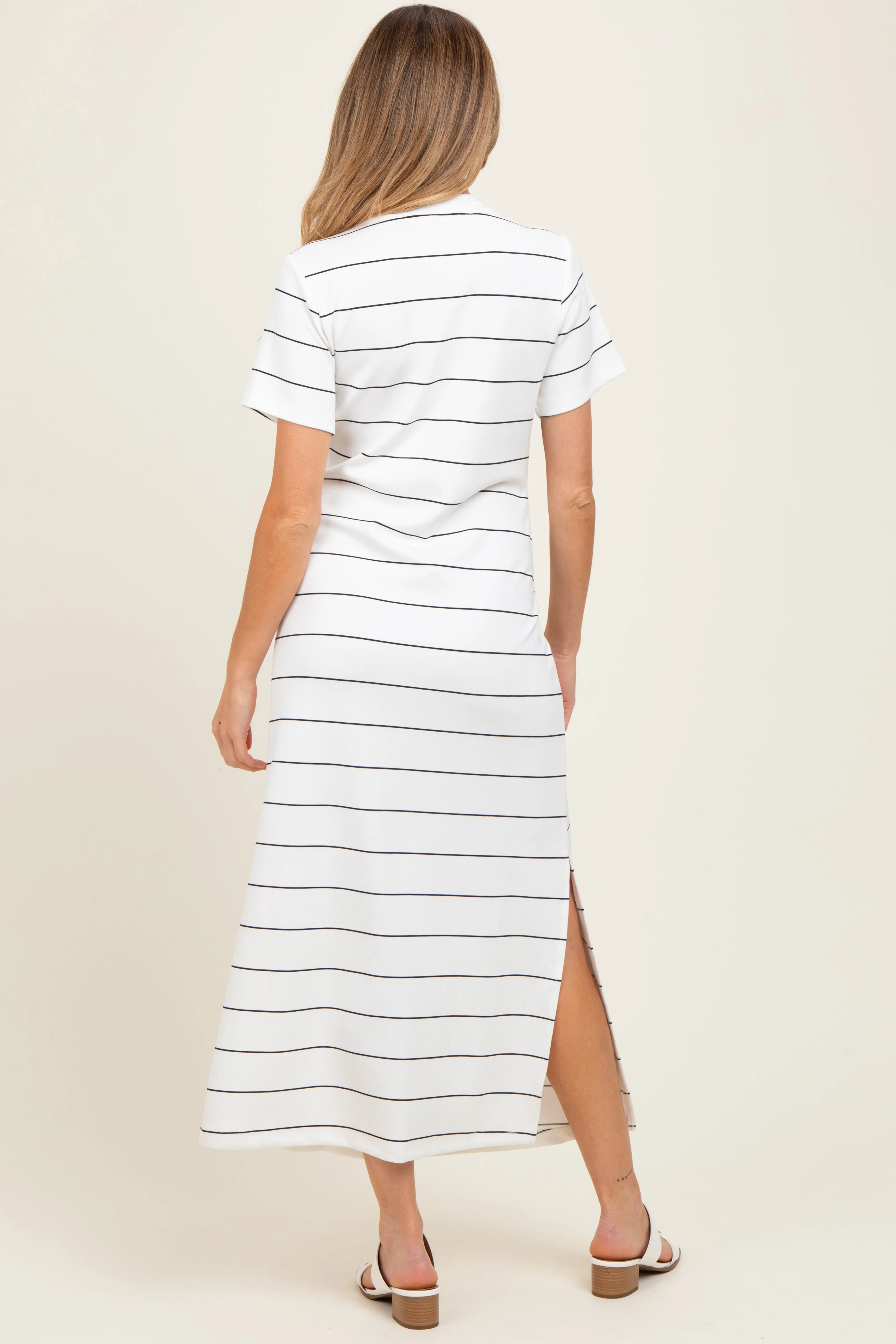 Ivory Striped Short Sleeve Side Slit Maternity Midi Dress sold by Pinkblush product image thumbnail 3