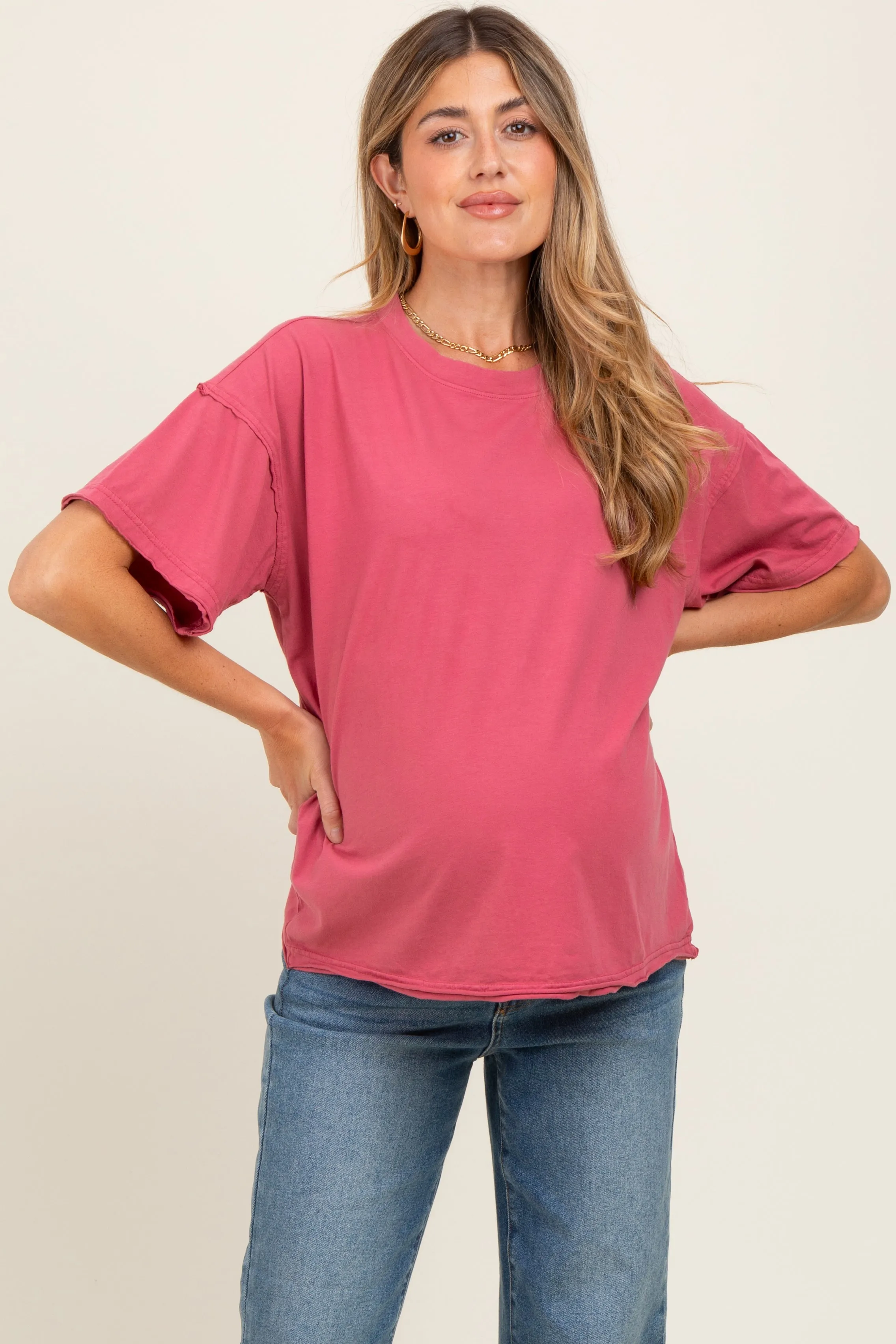 Dark Mauve Boxy Raw Edge Maternity Short Sleeve Tee sold by Pinkblush product image thumbnail 2