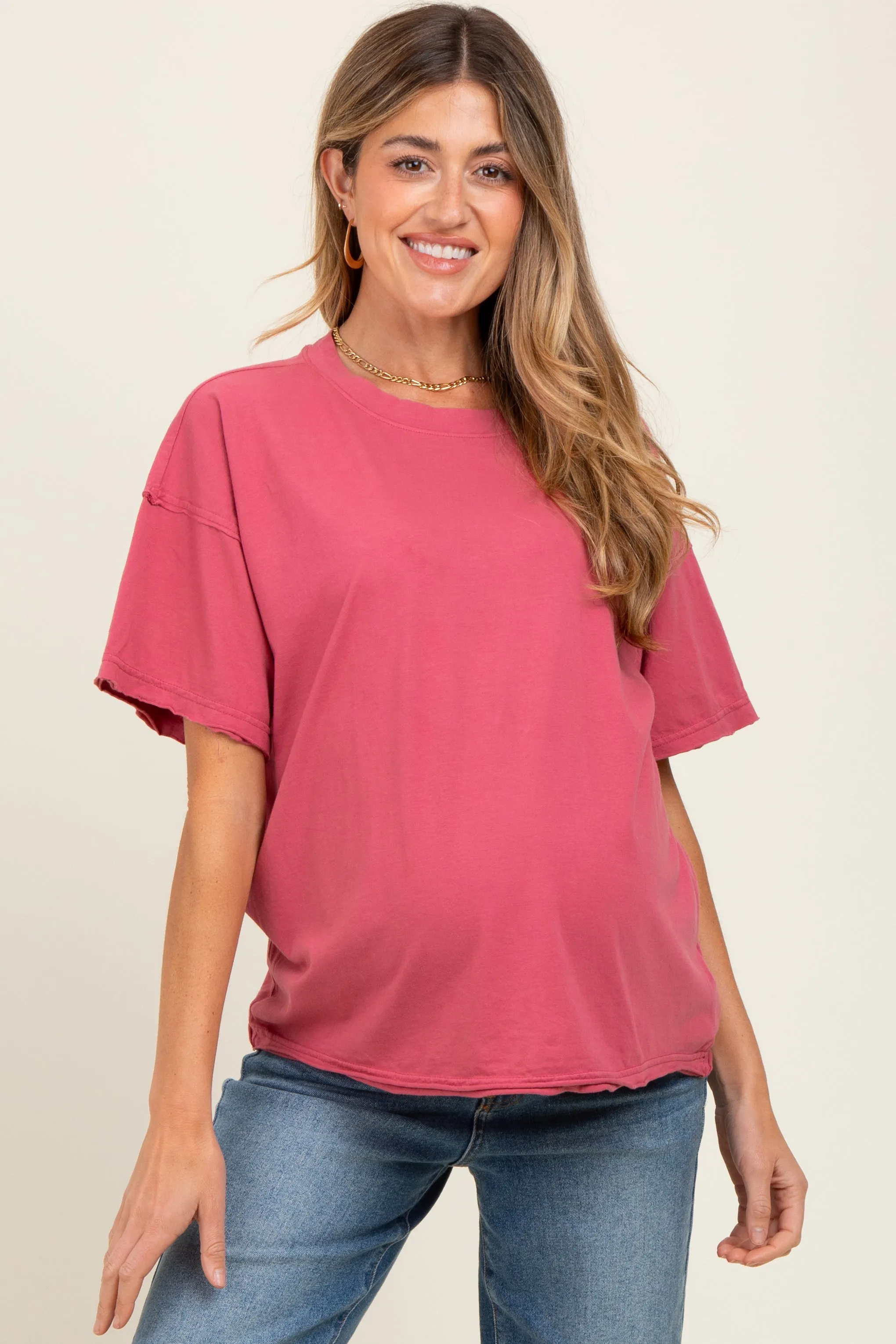 Dark Mauve Boxy Raw Edge Maternity Short Sleeve Tee sold by Pinkblush