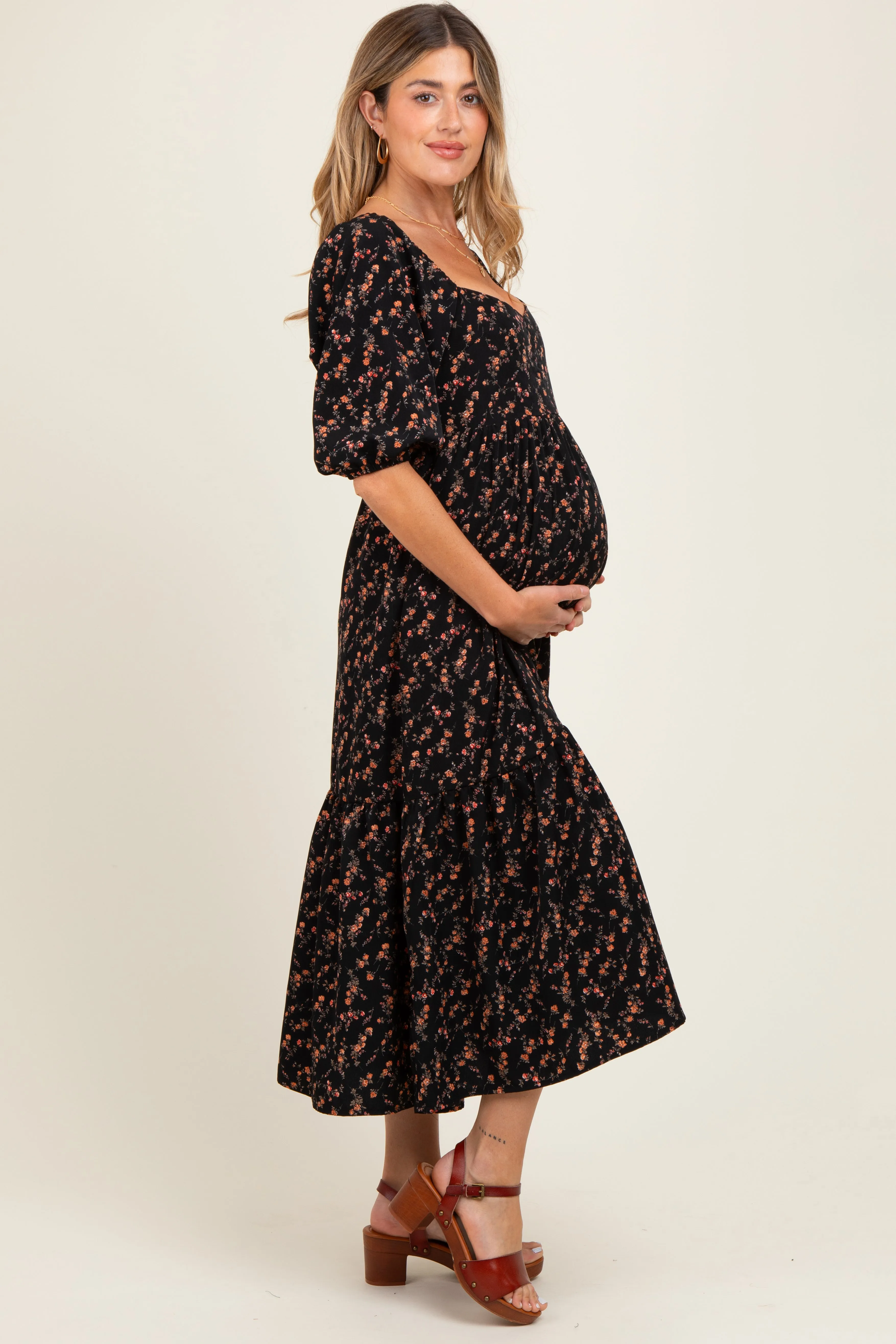Black Floral Sweetheart Puff Sleeve Maternity Midi Dress sold by Pinkblush product image thumbnail 3