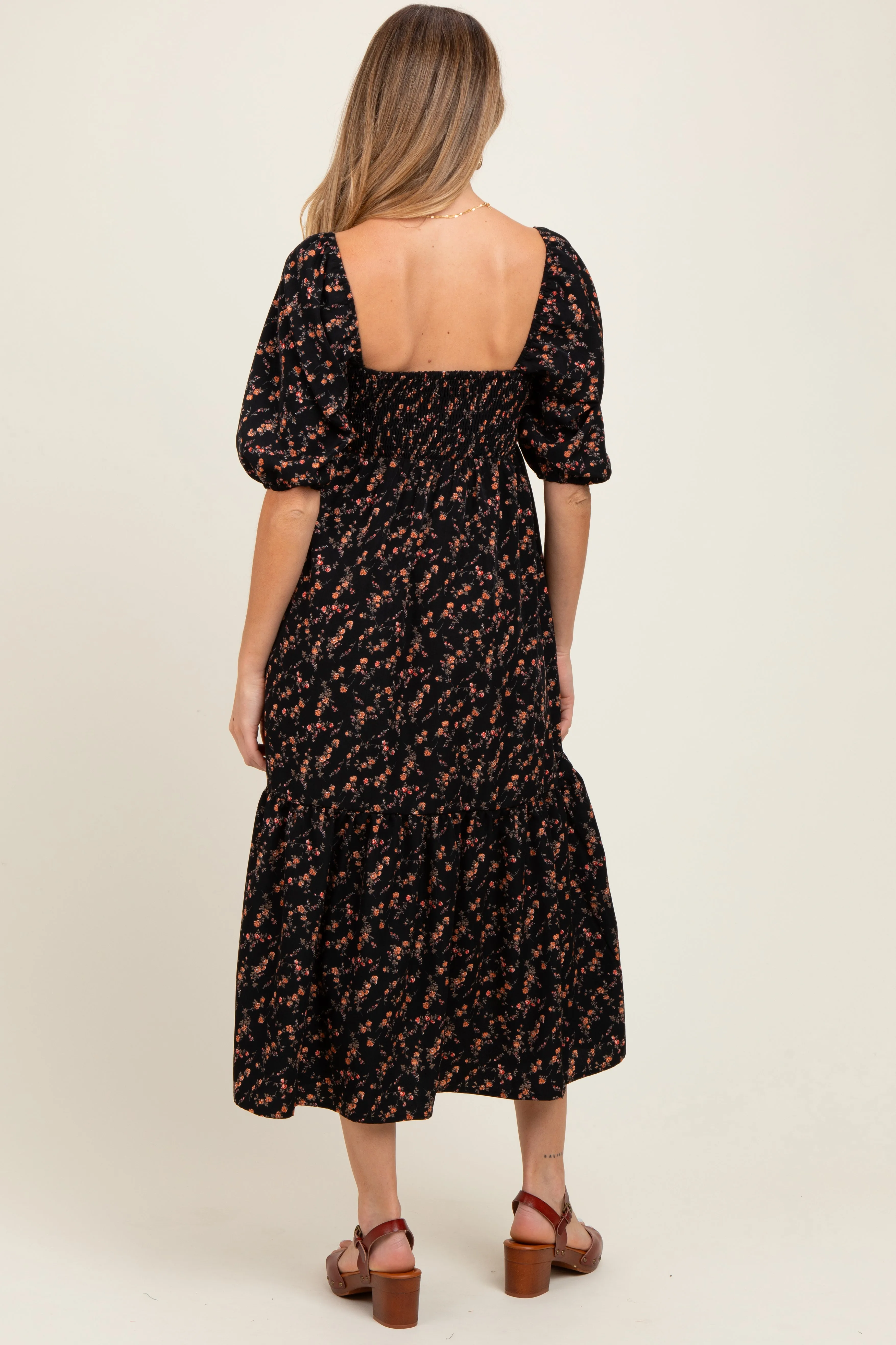 Black Floral Sweetheart Puff Sleeve Maternity Midi Dress sold by Pinkblush product image thumbnail 4