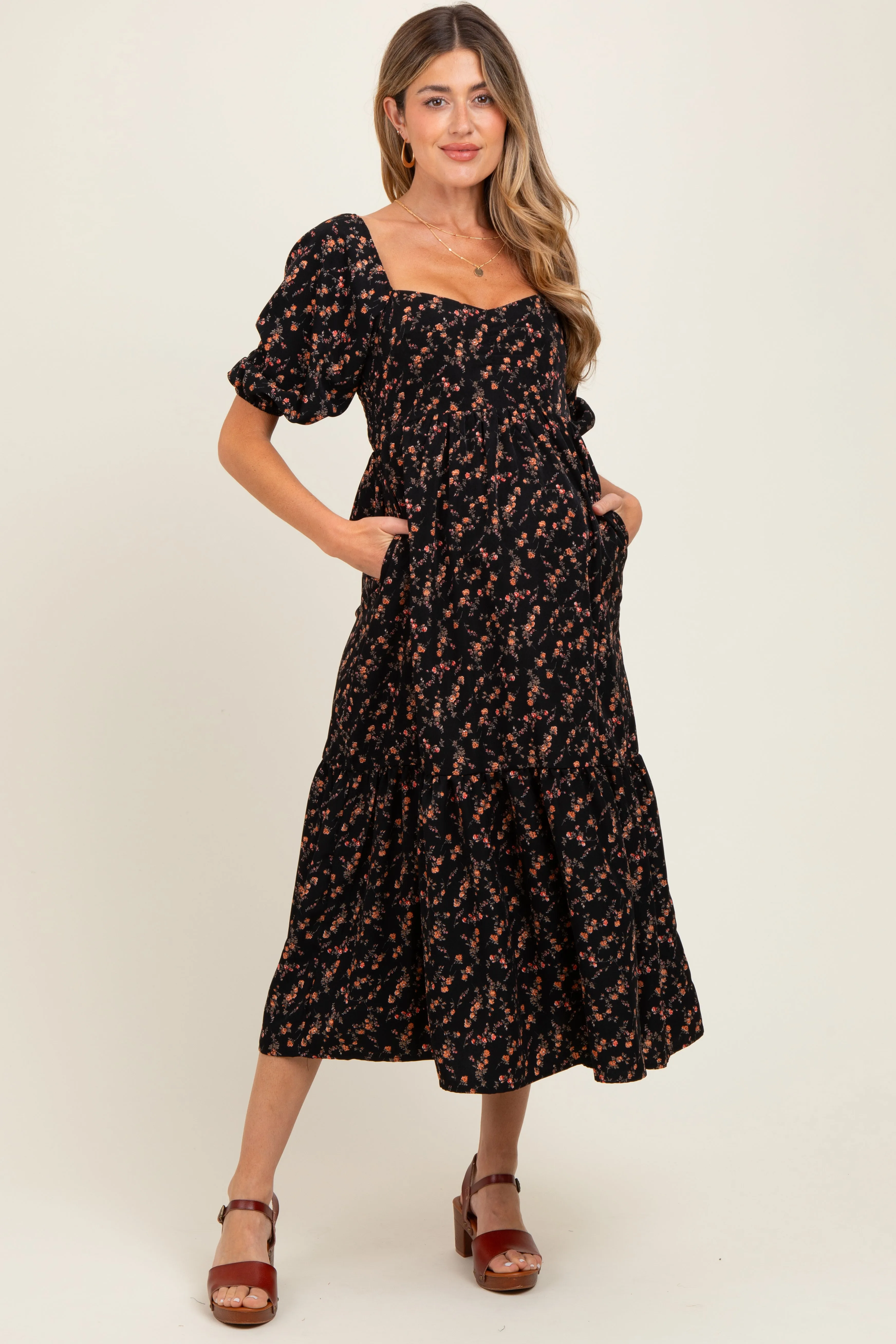 Black Floral Sweetheart Puff Sleeve Maternity Midi Dress sold by Pinkblush