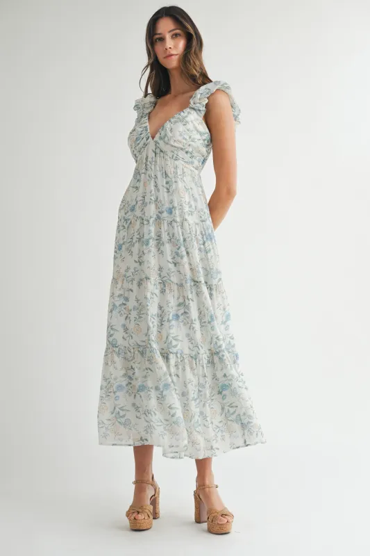 Blue Floral V-Neck Ruffle Strap Tiered Midi Dress sold by Pinkblush