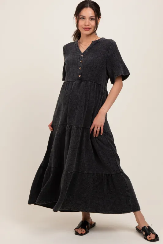 Black Button Front Tiered Maternity Maxi Dress sold by Pinkblush