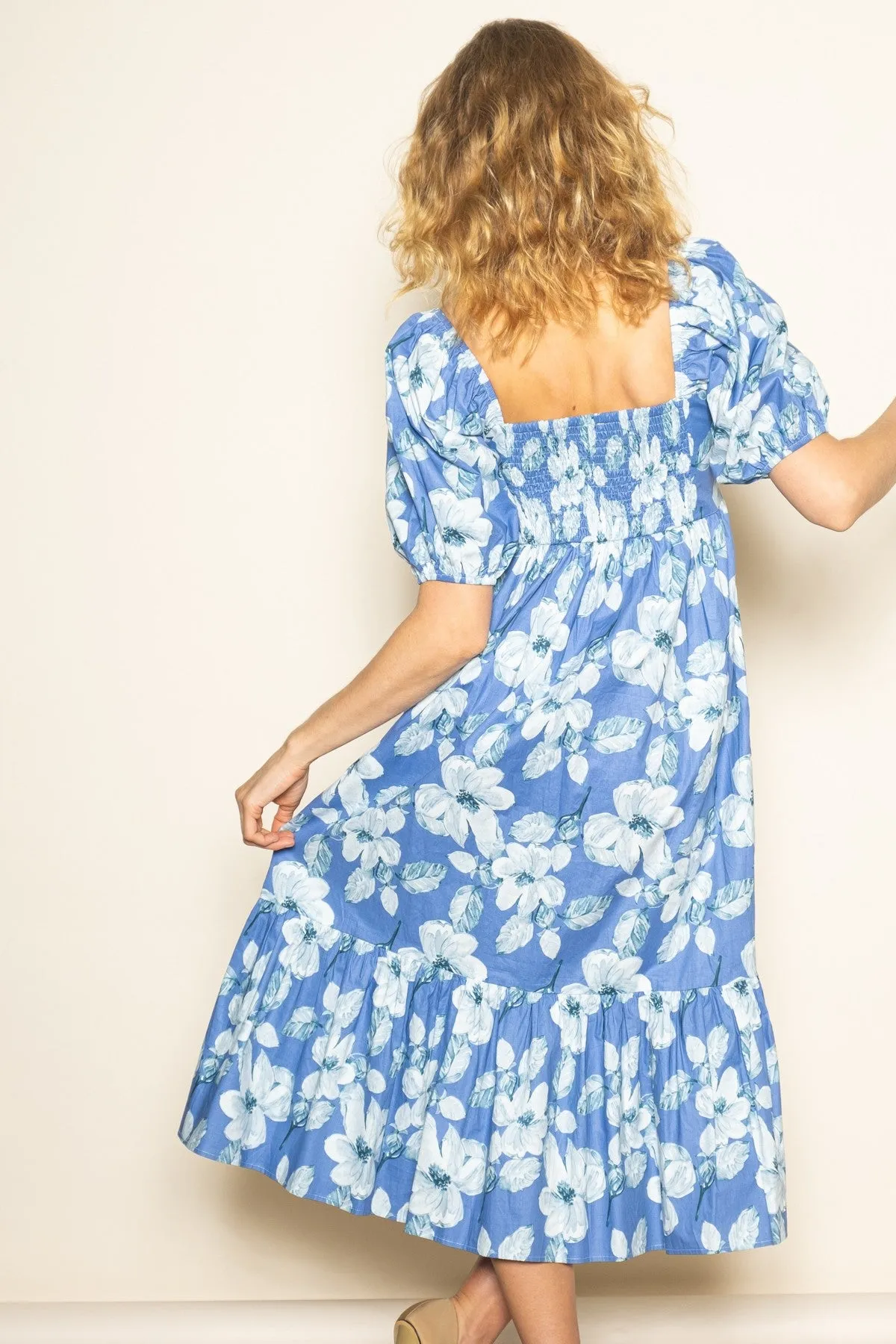Blue Floral Pleated Bodice Midi Dress sold by Pinkblush product image thumbnail 4