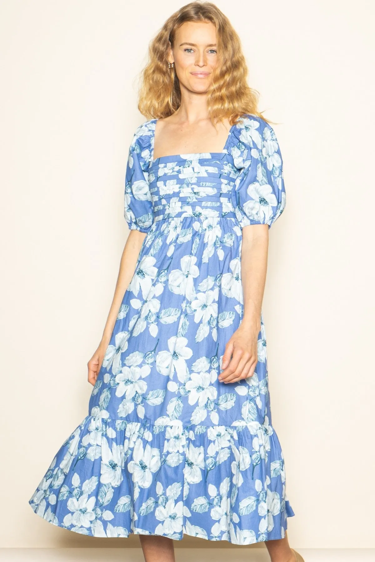 Blue Floral Pleated Bodice Midi Dress sold by Pinkblush