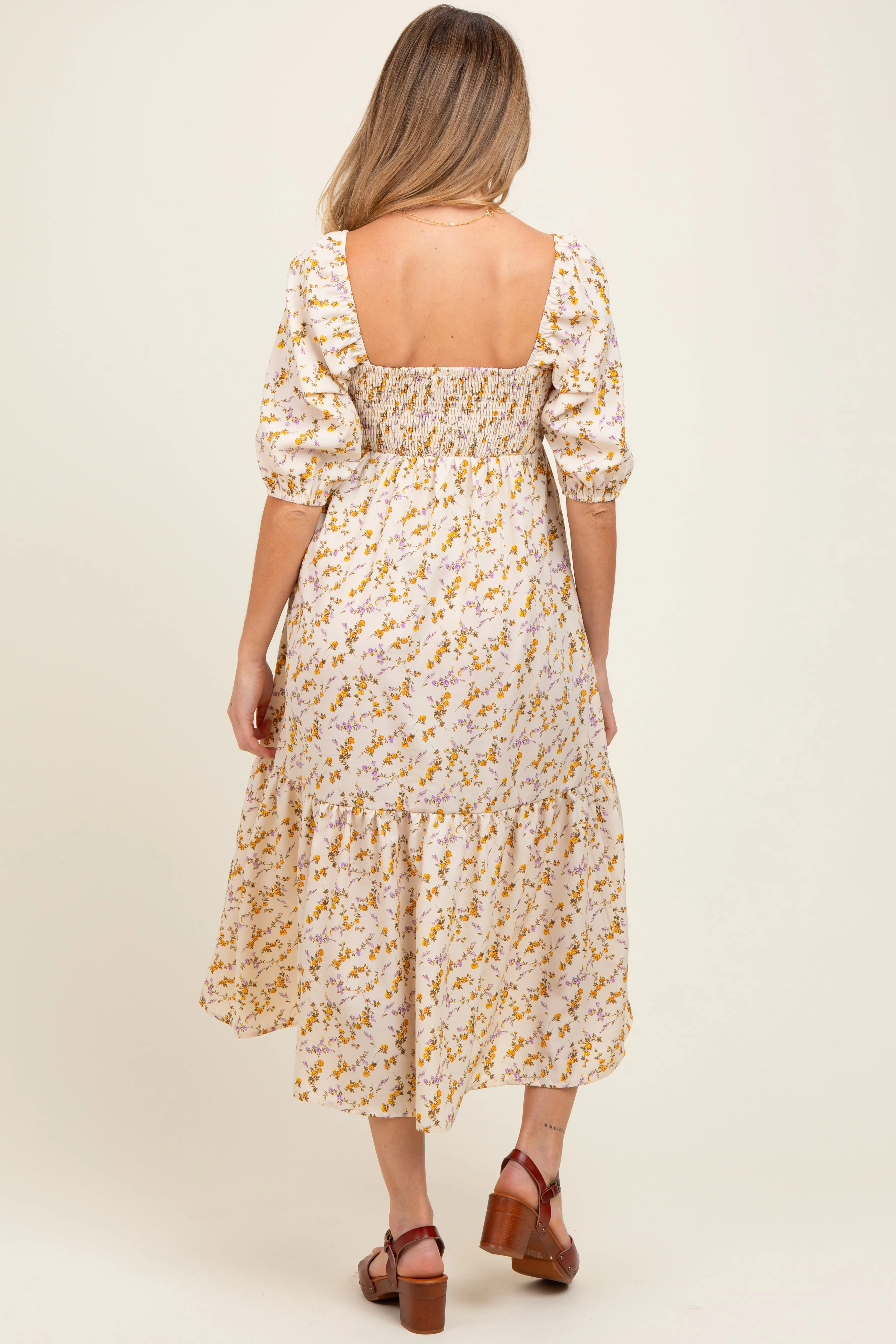 Cream Floral Sweetheart Puff Sleeve Maternity Midi Dress sold by Pinkblush product image thumbnail 4