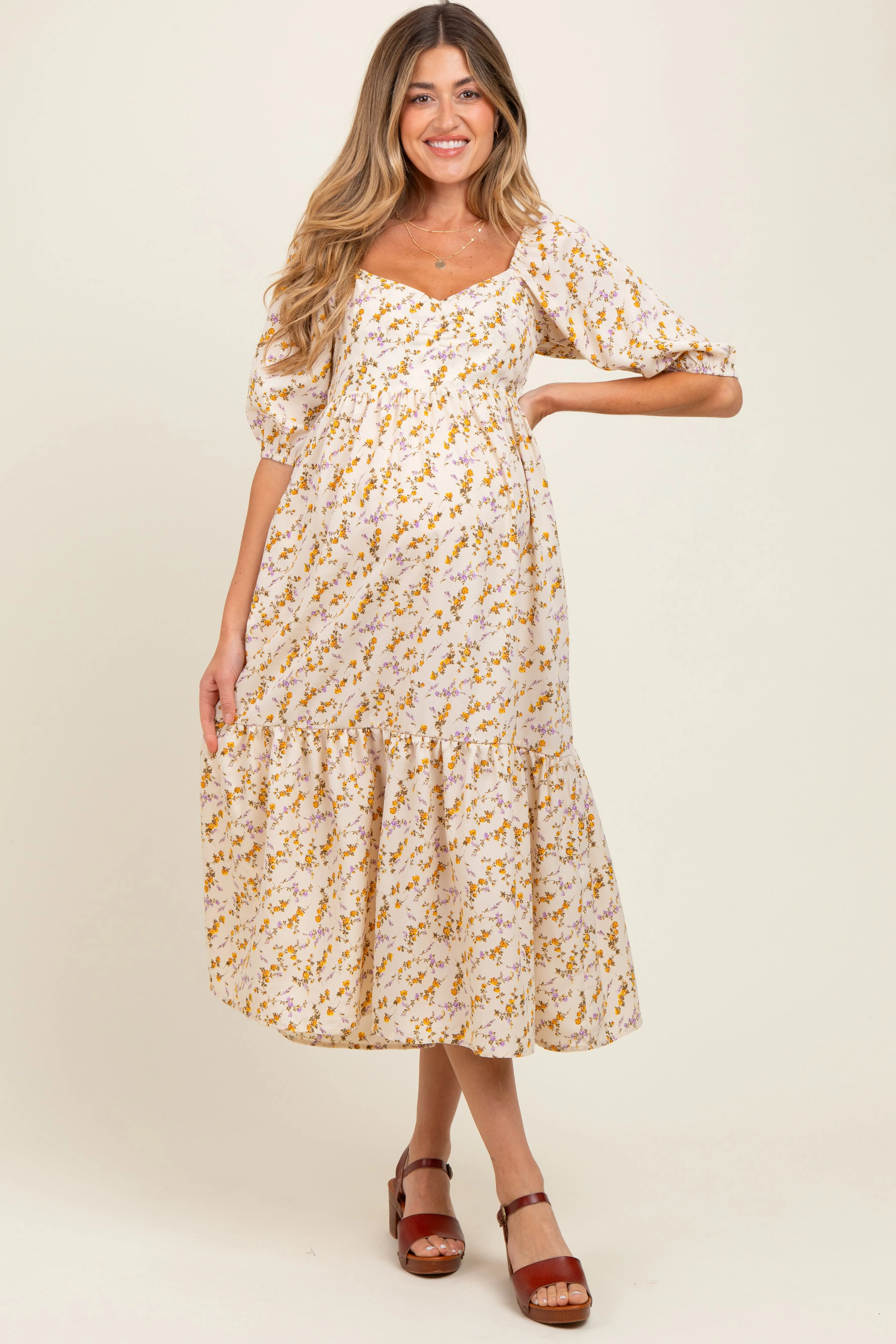 Cream Floral Sweetheart Puff Sleeve Maternity Midi Dress sold by Pinkblush