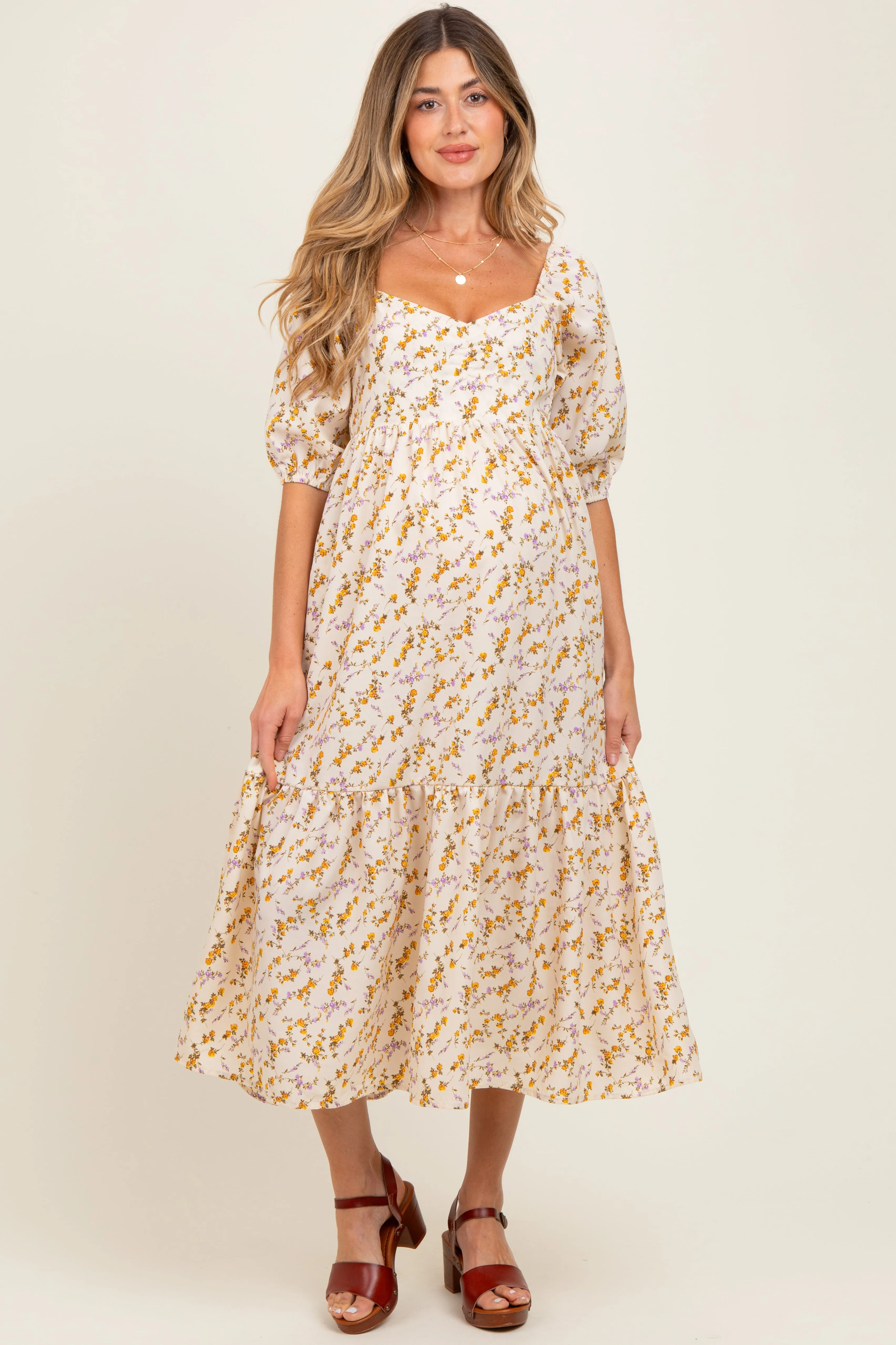 Cream Floral Sweetheart Puff Sleeve Maternity Midi Dress sold by Pinkblush product image thumbnail 2