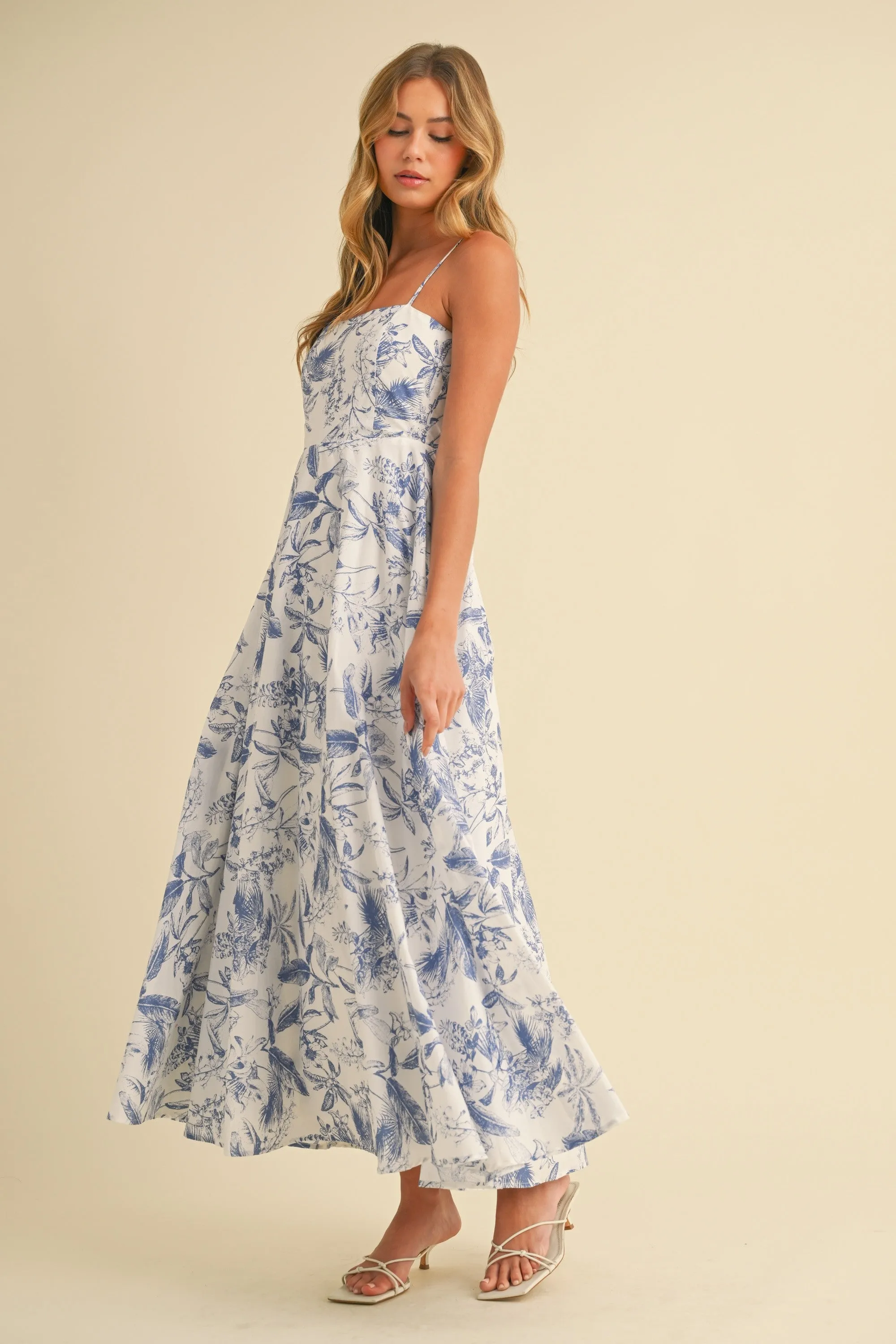 Blue Spaghetti Strap Printed A-Line Midi Dress sold by Pinkblush product image thumbnail 3