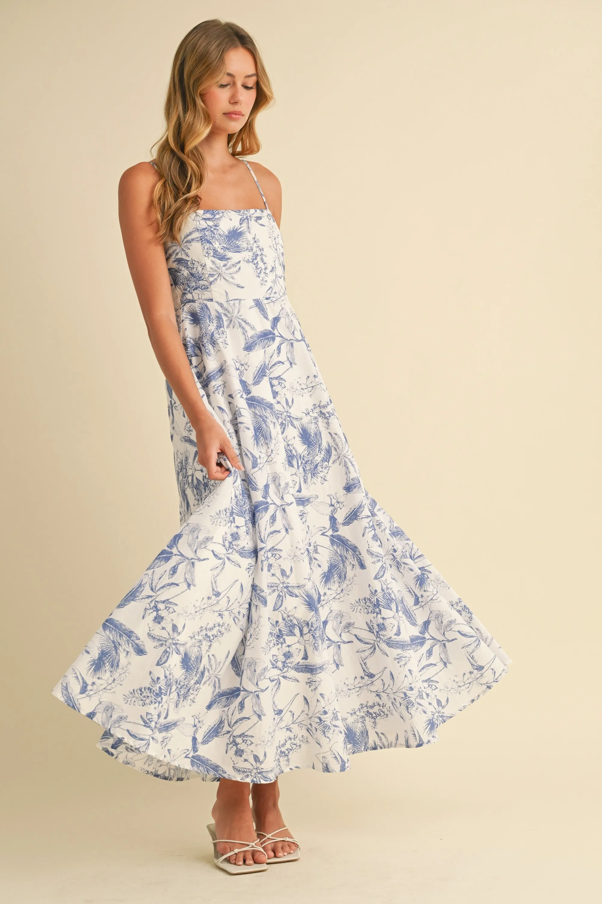 Blue Spaghetti Strap Printed A-Line Midi Dress sold by Pinkblush product image thumbnail 4