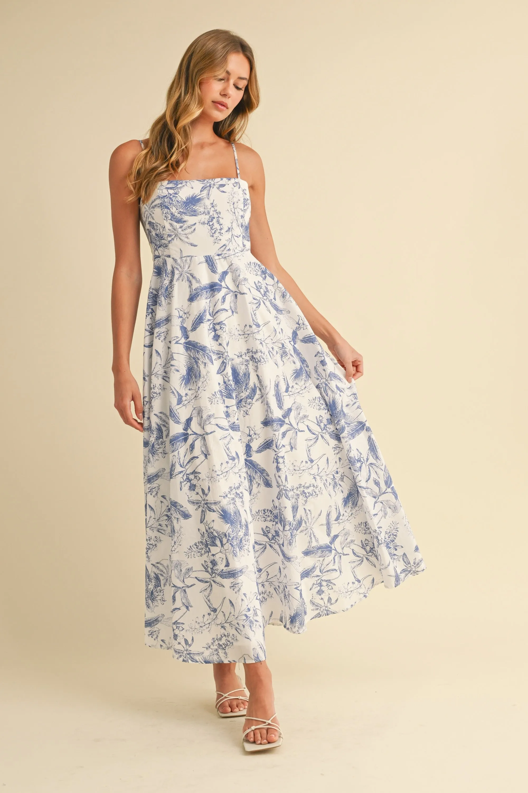 Blue Spaghetti Strap Printed A-Line Midi Dress sold by Pinkblush