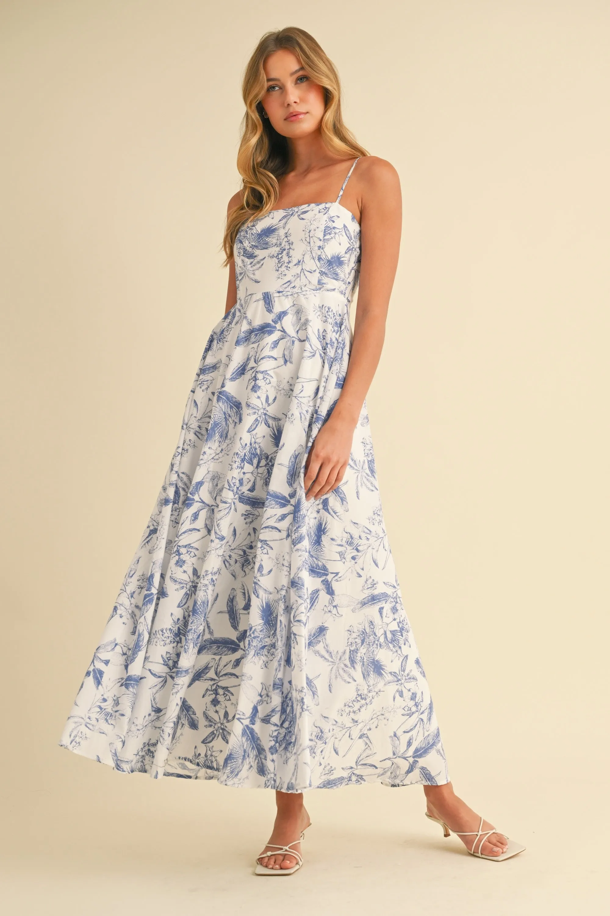 Blue Spaghetti Strap Printed A-Line Midi Dress sold by Pinkblush product image thumbnail 2