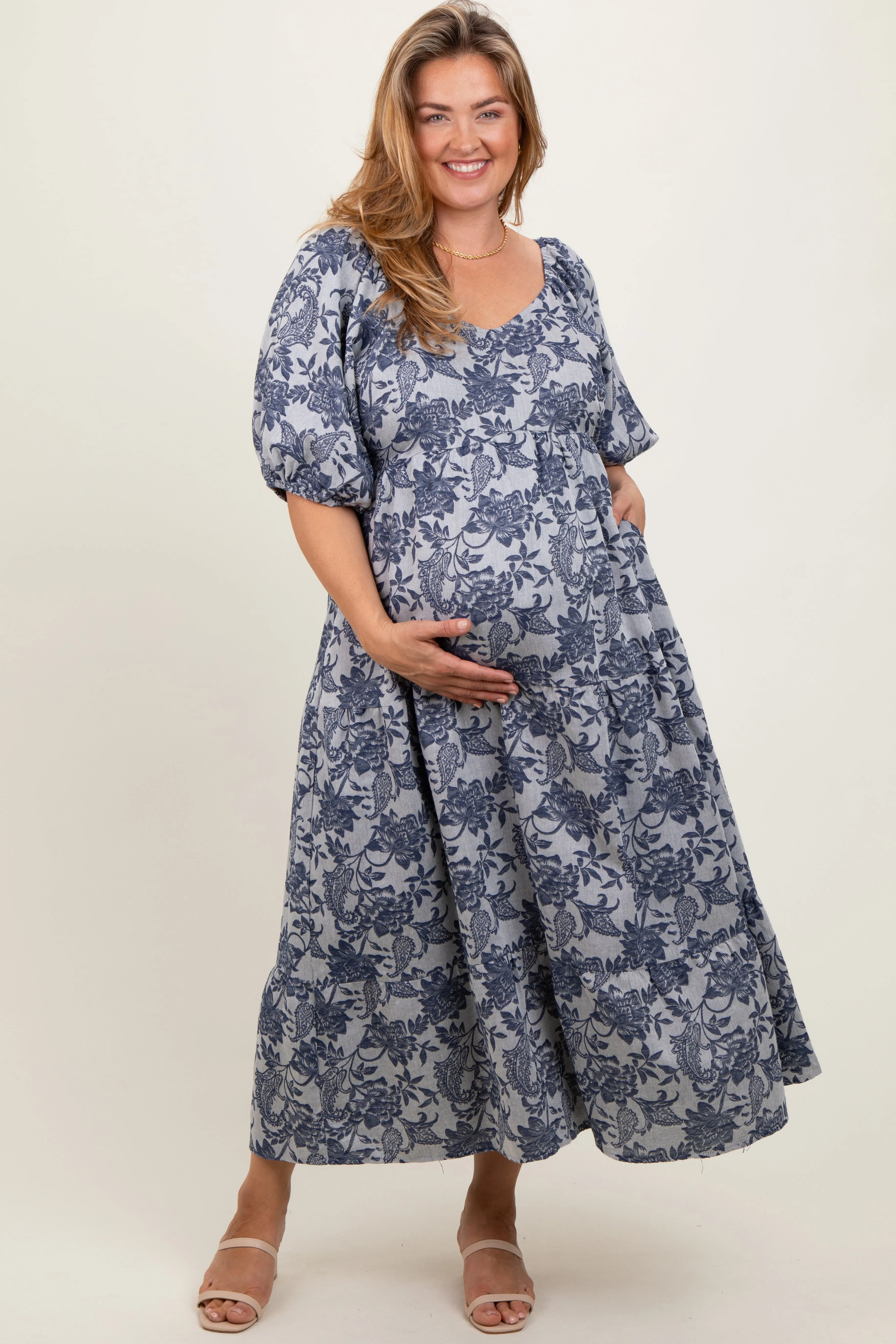 Navy Floral Tiered Puff Sleeve Maternity Plus Midi Dress sold by Pinkblush