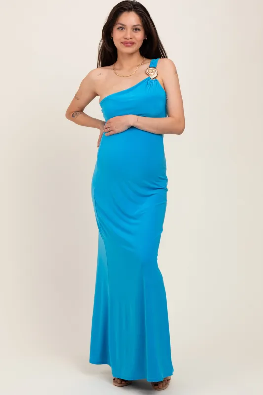 Blue One Shoulder Pendant Cutout Maternity Maxi Dress sold by Pinkblush