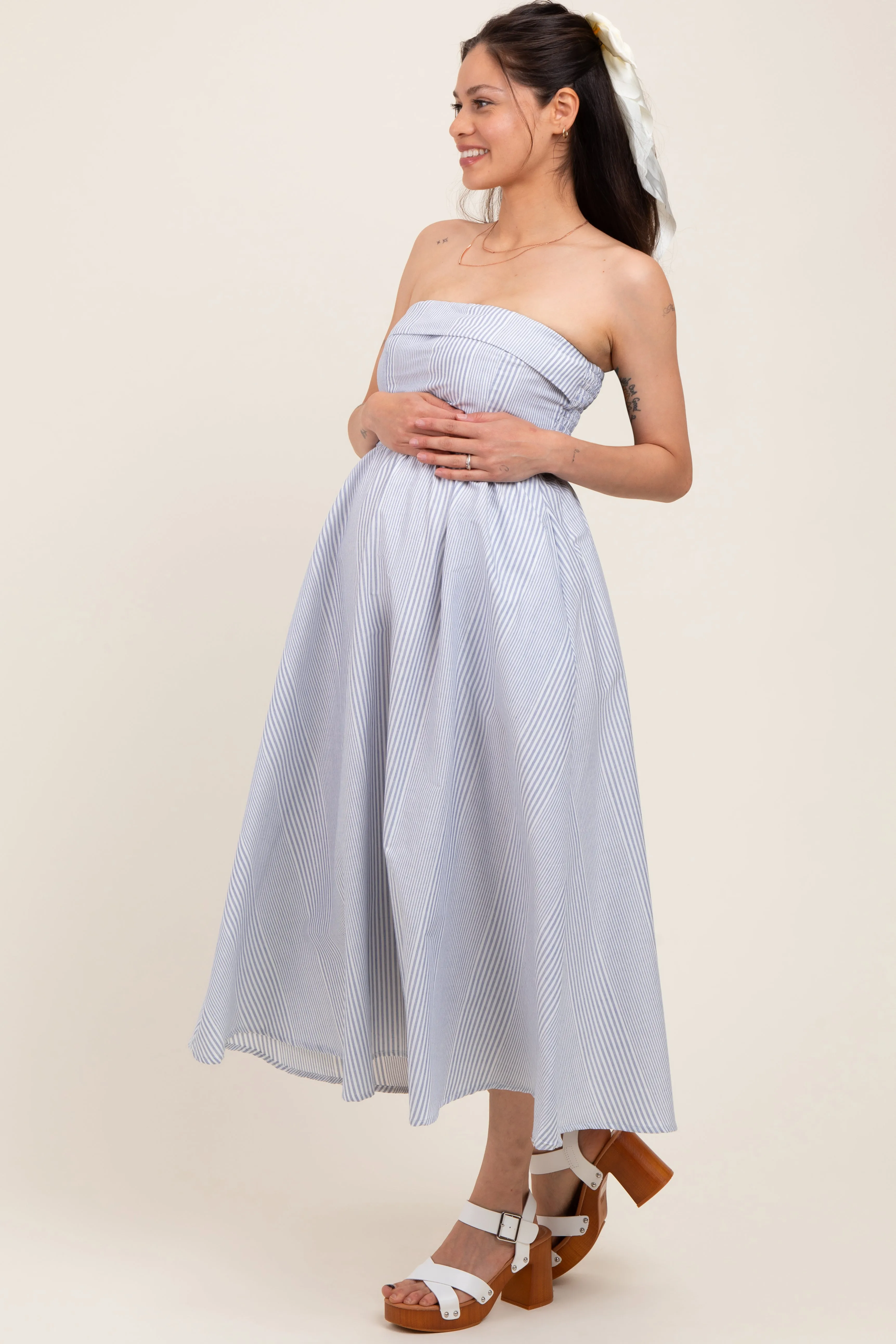 Blue Multi Stripe Strapless Maternity Midi Dress sold by Pinkblush product image thumbnail 3