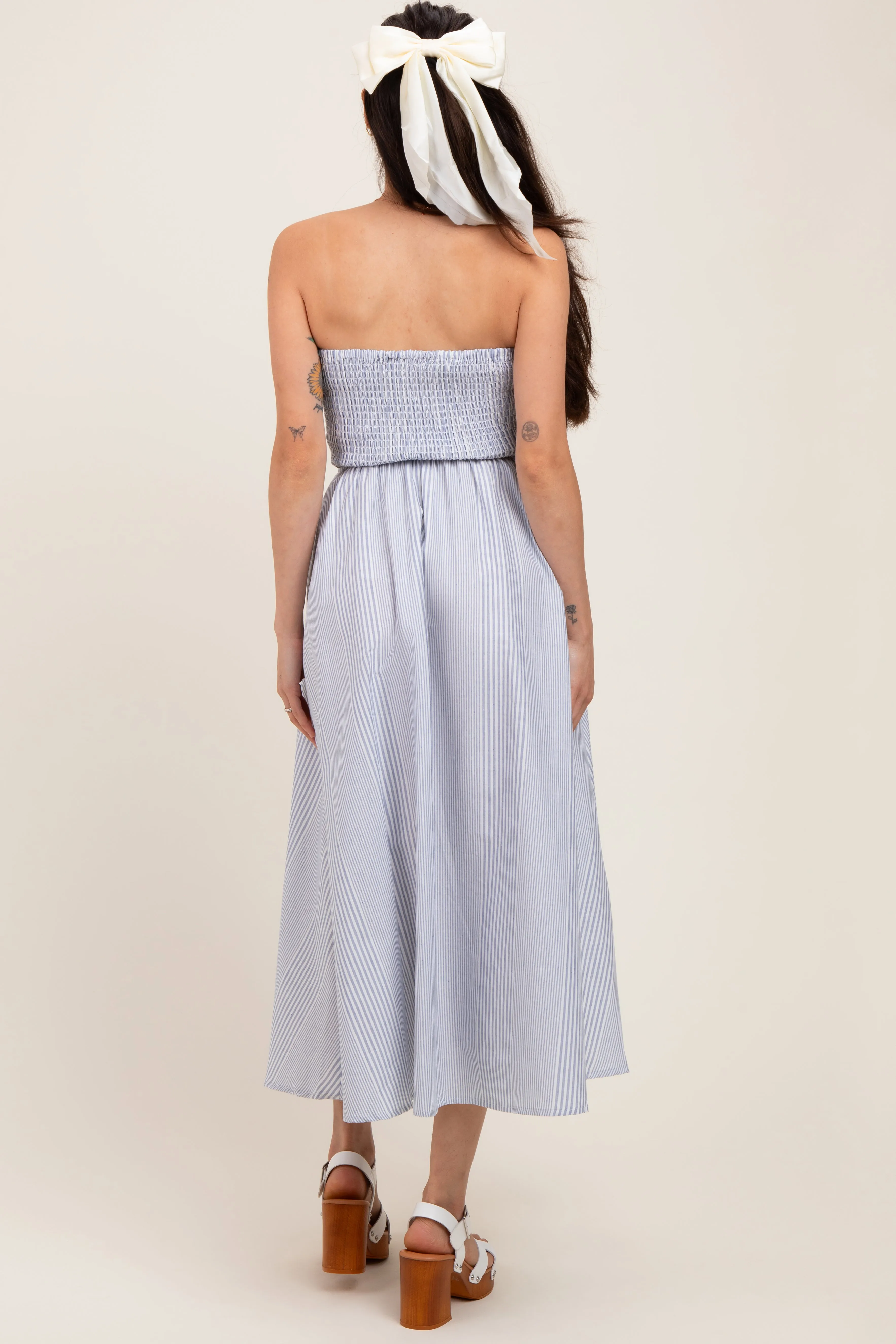 Blue Multi Stripe Strapless Maternity Midi Dress sold by Pinkblush product image thumbnail 4