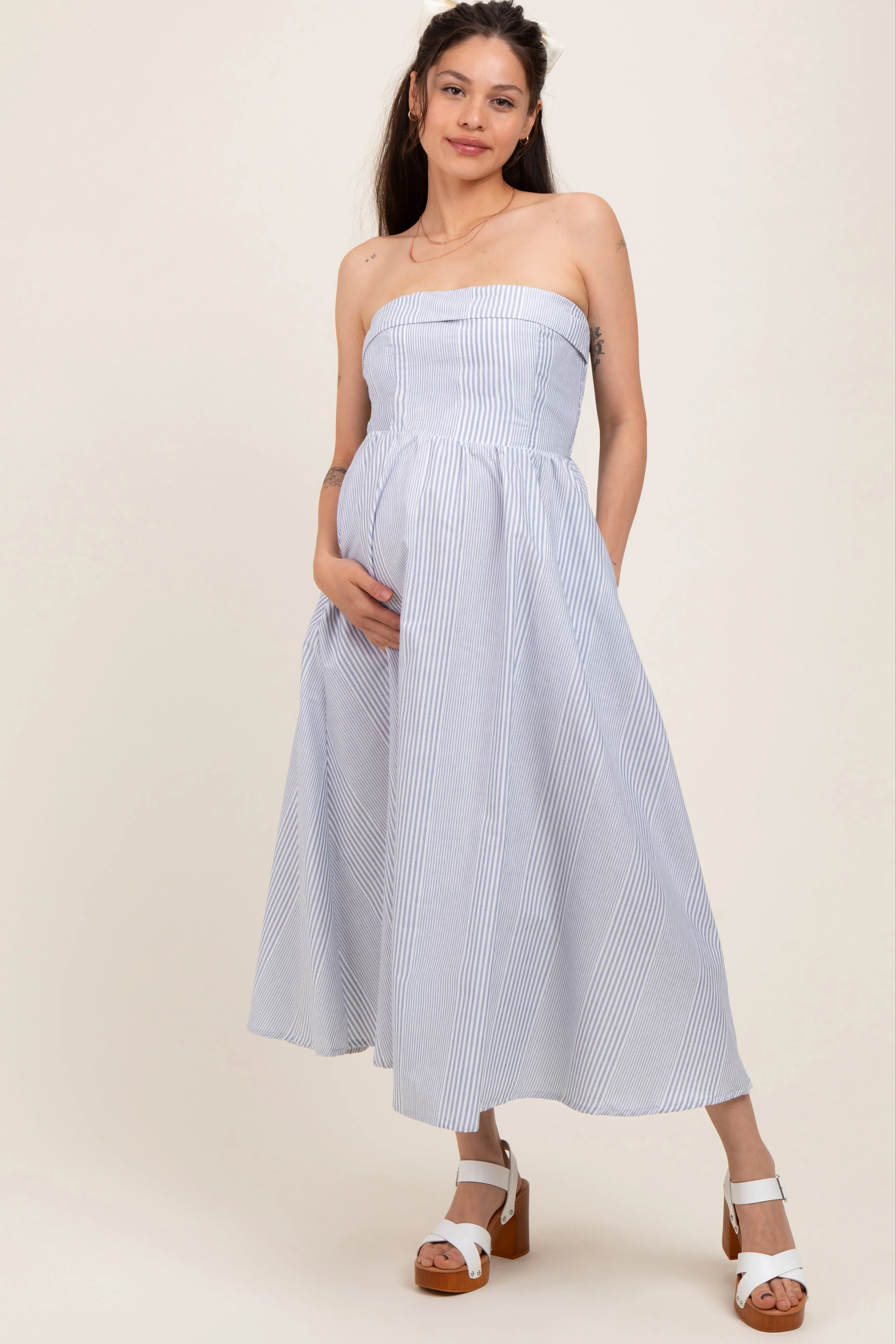 Blue Multi Stripe Strapless Maternity Midi Dress sold by Pinkblush