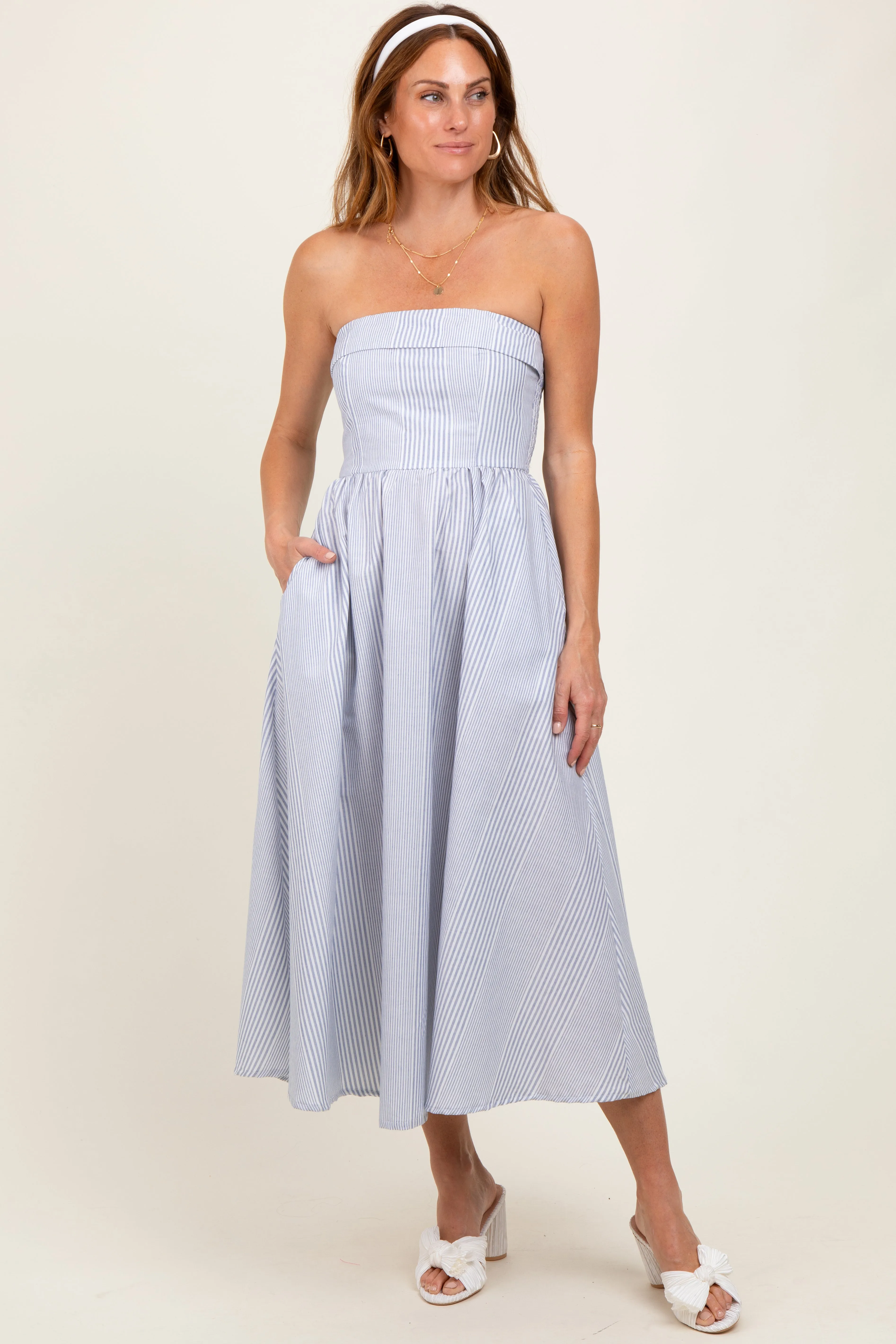 Blue Multi Stripe Strapless Maternity Midi Dress sold by Pinkblush product image thumbnail 5