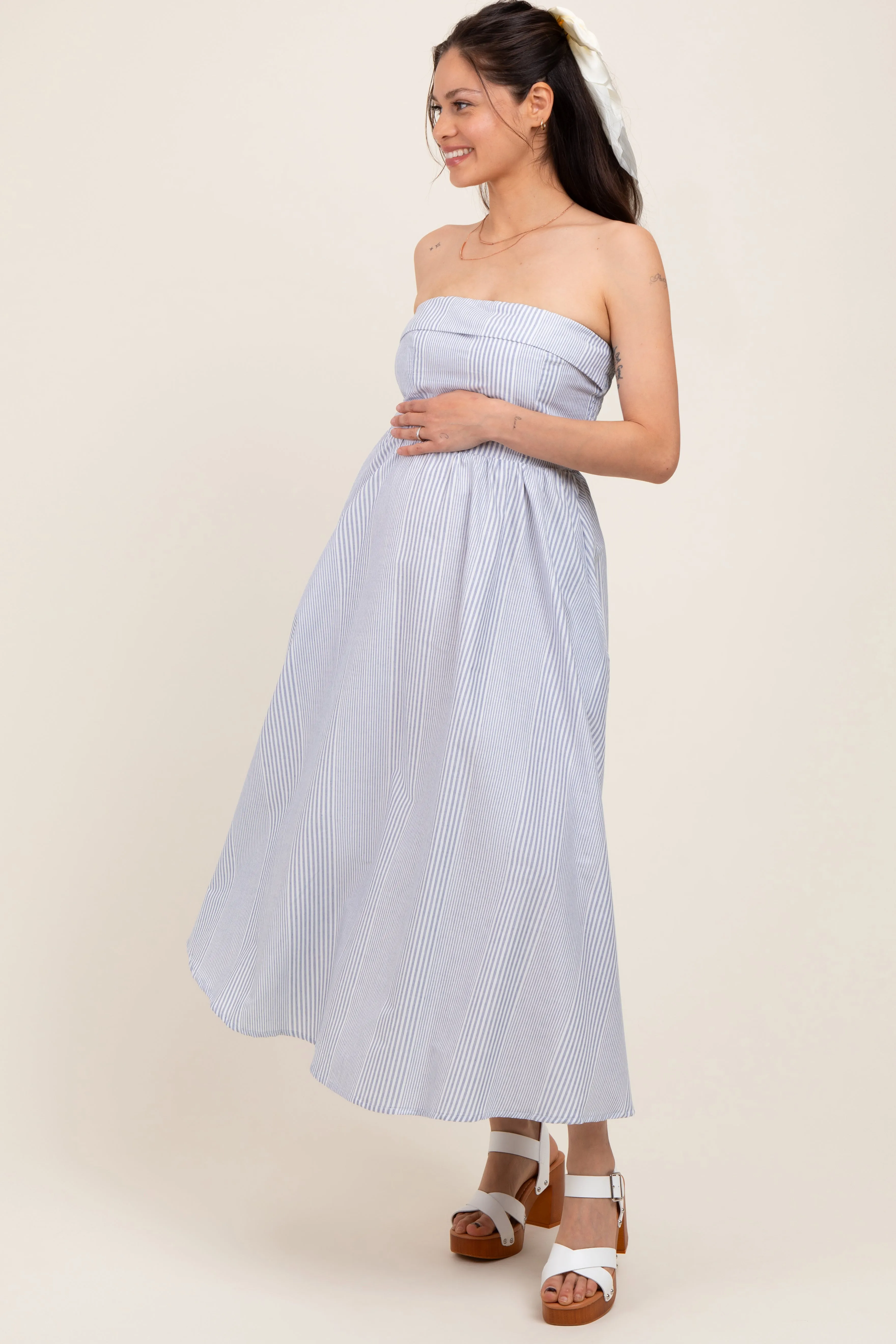 Blue Multi Stripe Strapless Maternity Midi Dress sold by Pinkblush product image thumbnail 2