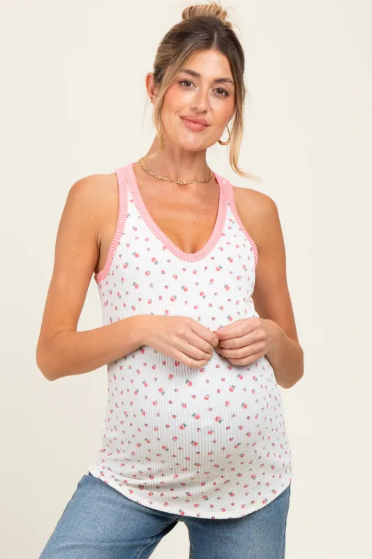 Pink Floral Ribbed Contrast Trim Maternity Tank Top sold by Pinkblush