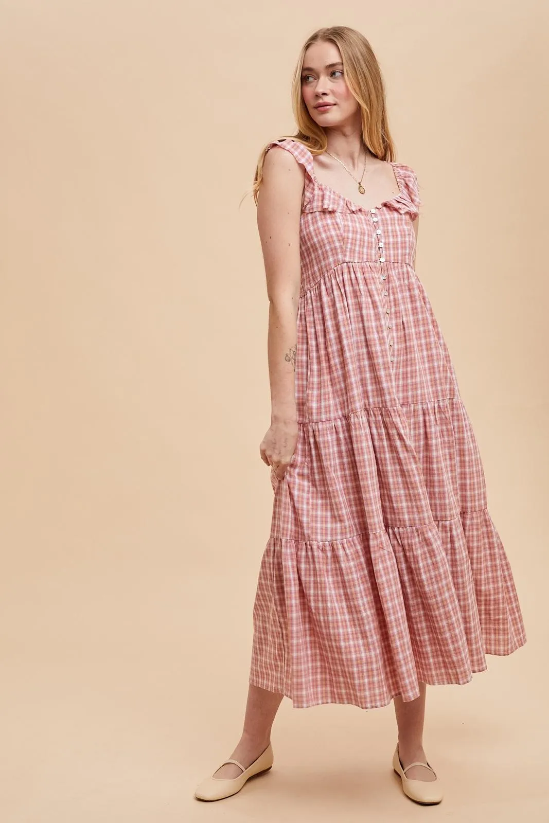 Mauve Cotton Plaid Maxi Dress sold by Pinkblush product image thumbnail 4