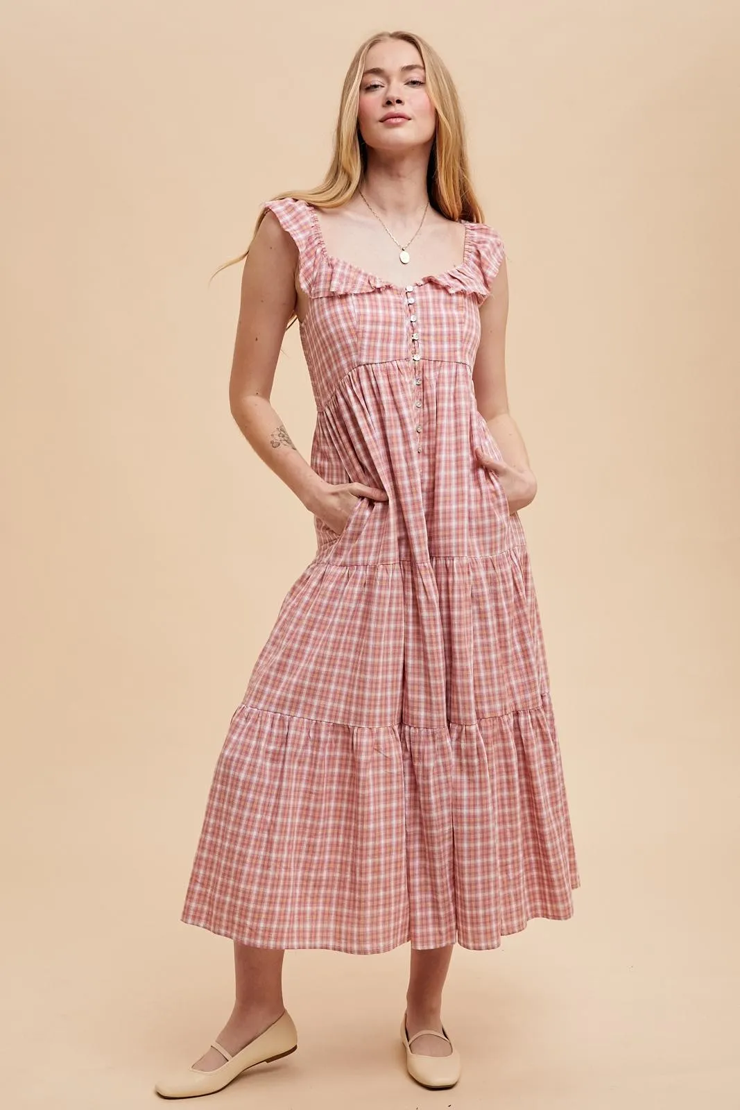 Mauve Cotton Plaid Maxi Dress sold by Pinkblush product image thumbnail 3