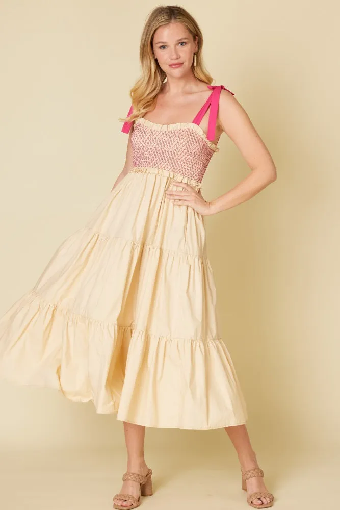 Cream Smocked Contrast Shoulder Tie Midi Dress sold by Pinkblush