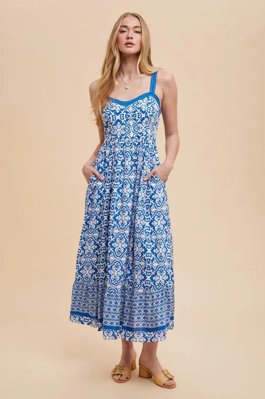 Blue Sleeveless Border Print Maxi Dress sold by Pinkblush