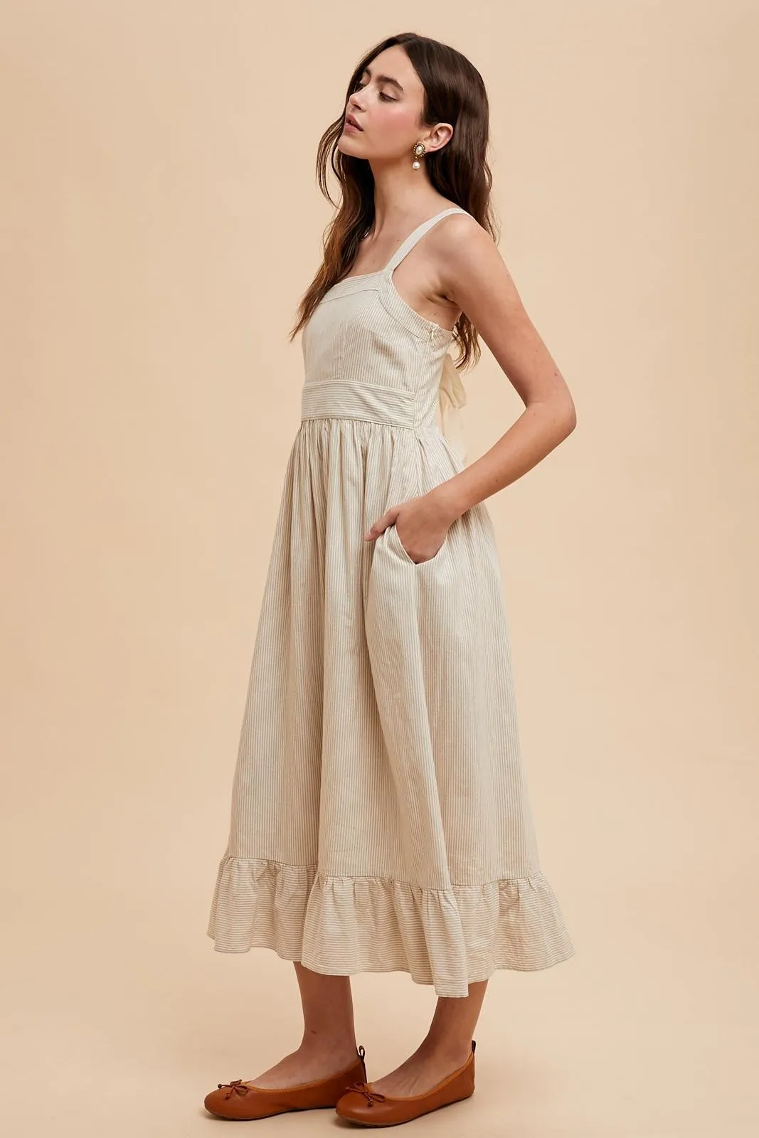 Beige Striped Cotton Sleeveless Dress sold by Pinkblush product image thumbnail 4