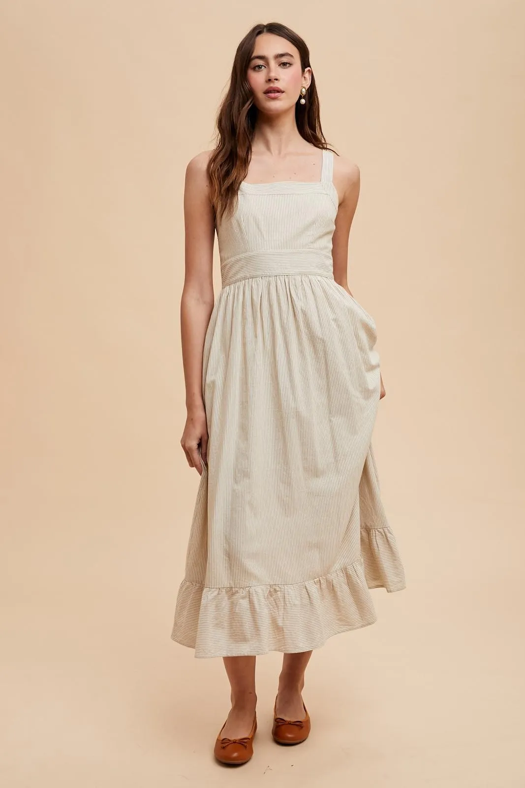 Beige Striped Cotton Sleeveless Dress sold by Pinkblush