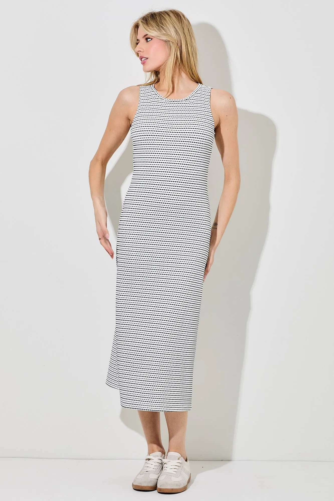 Navy Striped Dot Midi Dress sold by Pinkblush