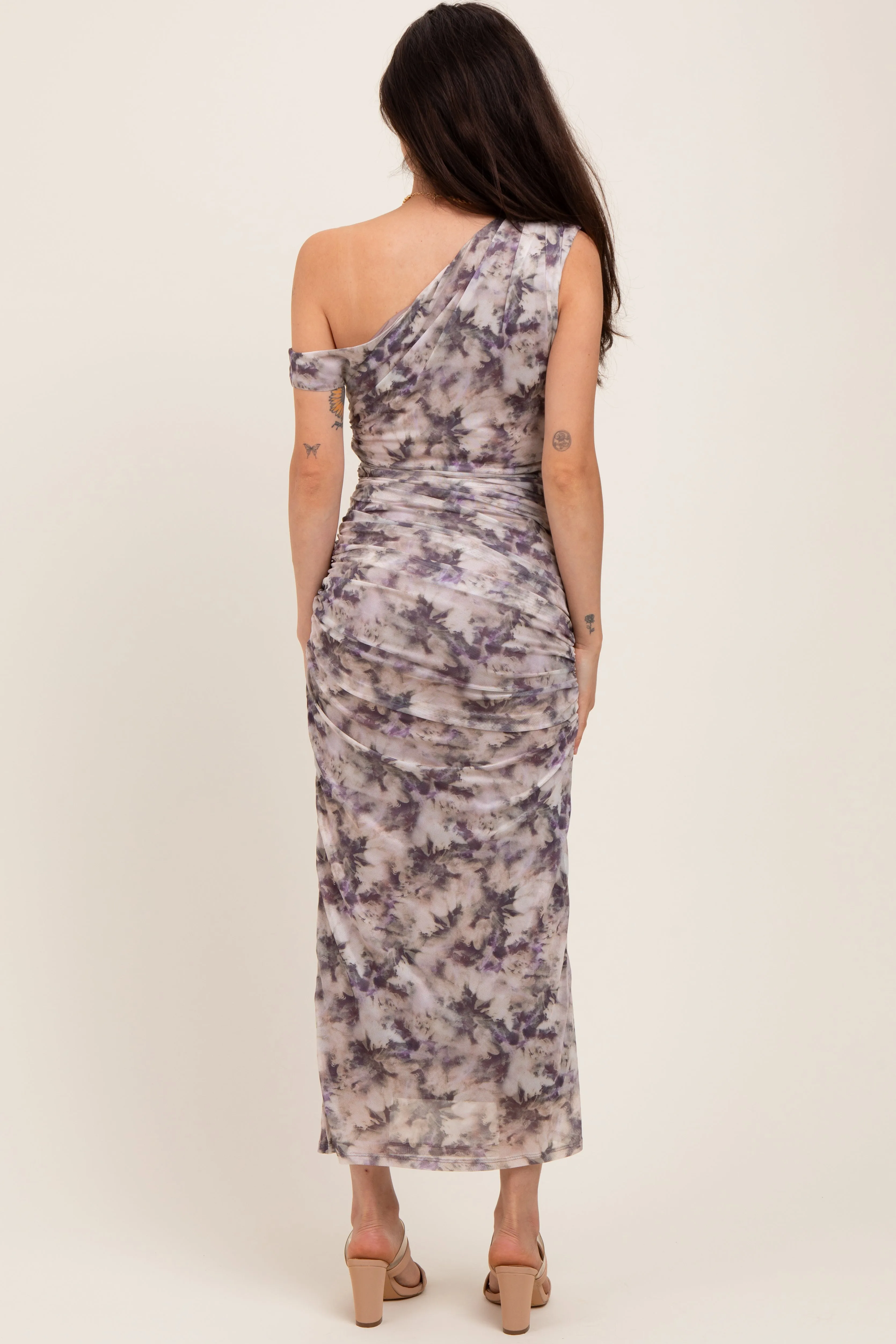 Purple Floral Ruched One Shoulder Maternity Midi Dress sold by Pinkblush product image thumbnail 4