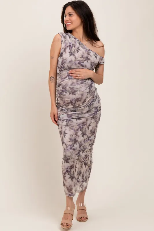 Purple Floral Ruched One Shoulder Maternity Midi Dress sold by Pinkblush