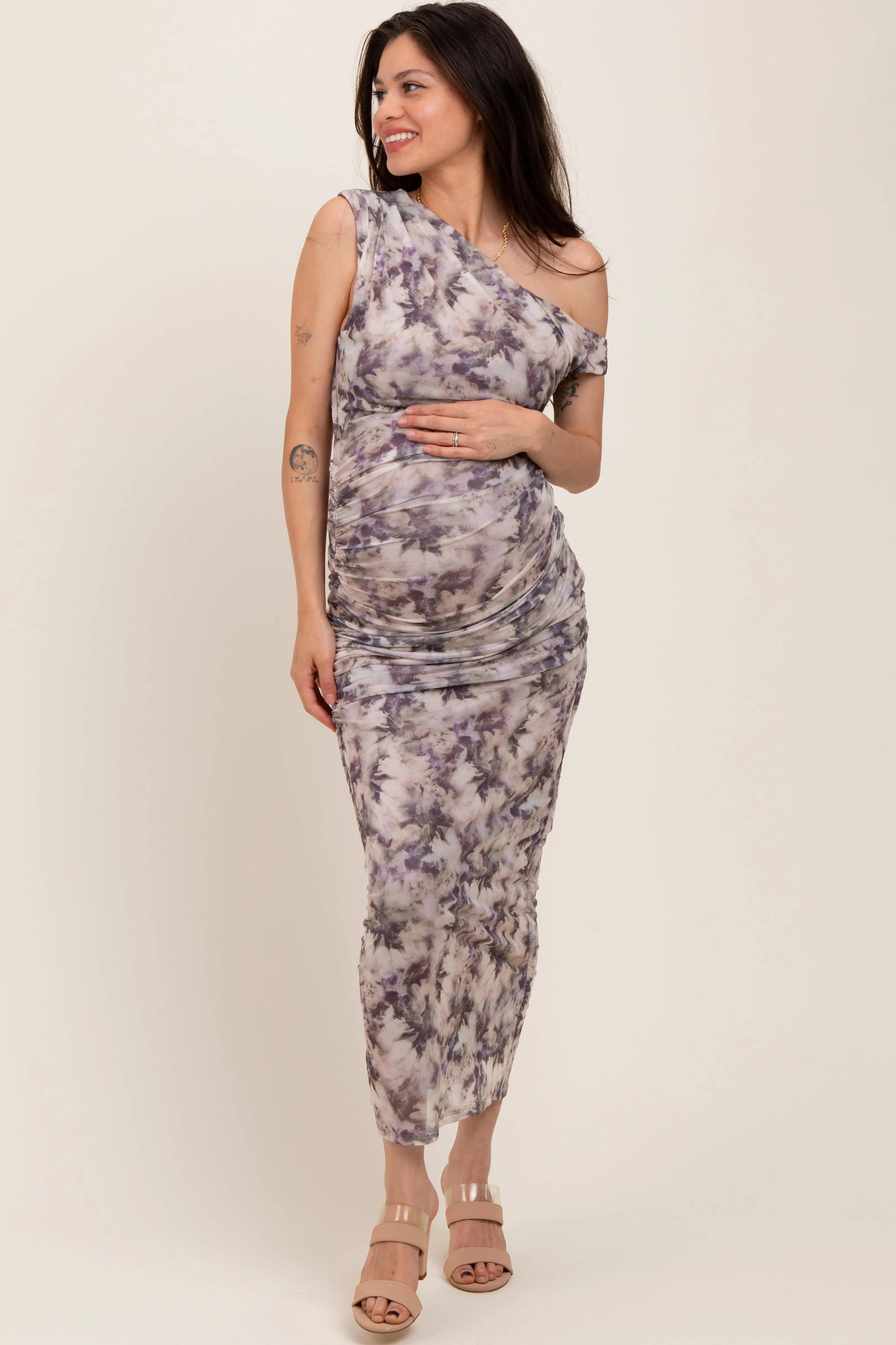 Purple Floral Ruched One Shoulder Maternity Midi Dress sold by Pinkblush