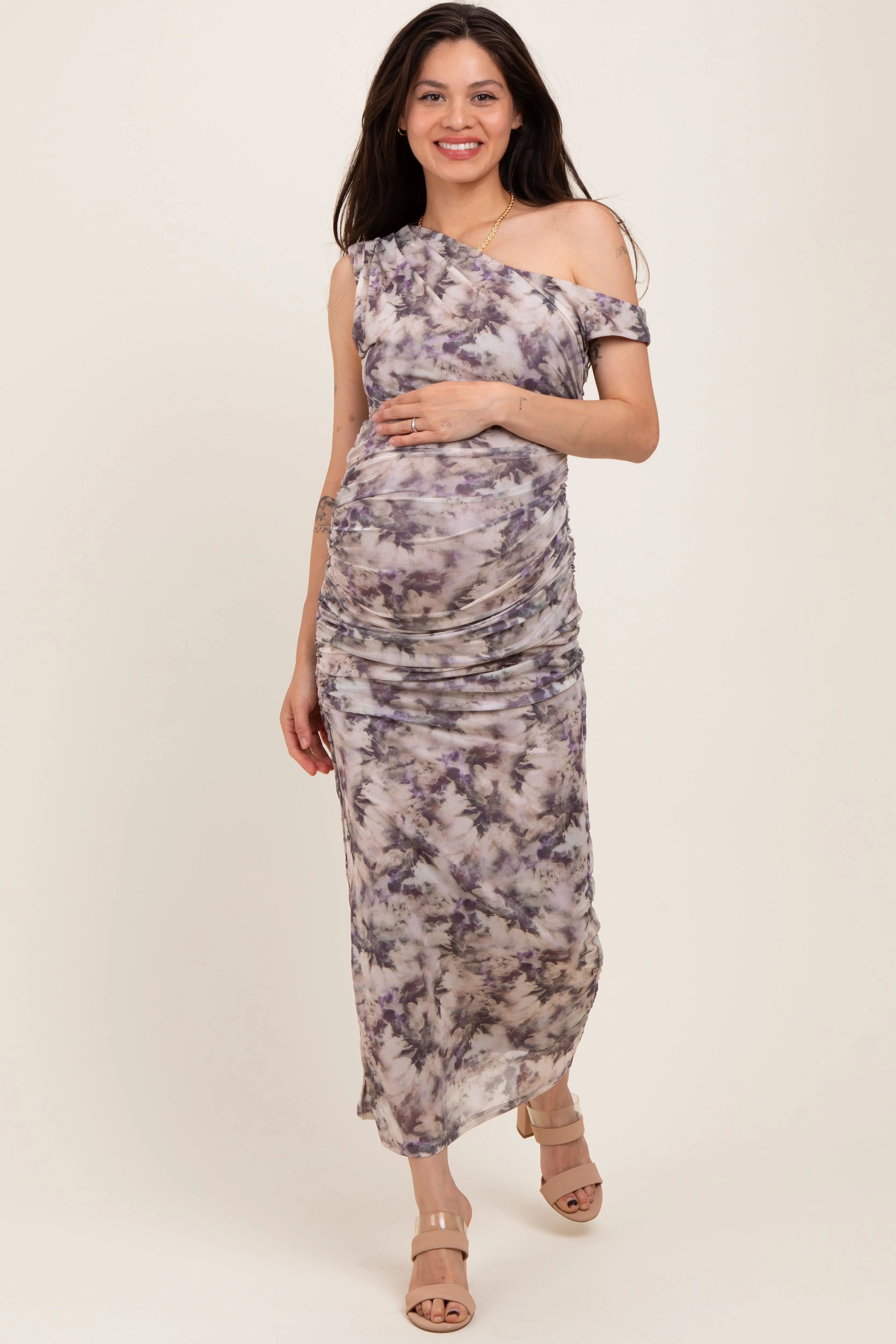 Purple Floral Ruched One Shoulder Maternity Midi Dress sold by Pinkblush product image thumbnail 2