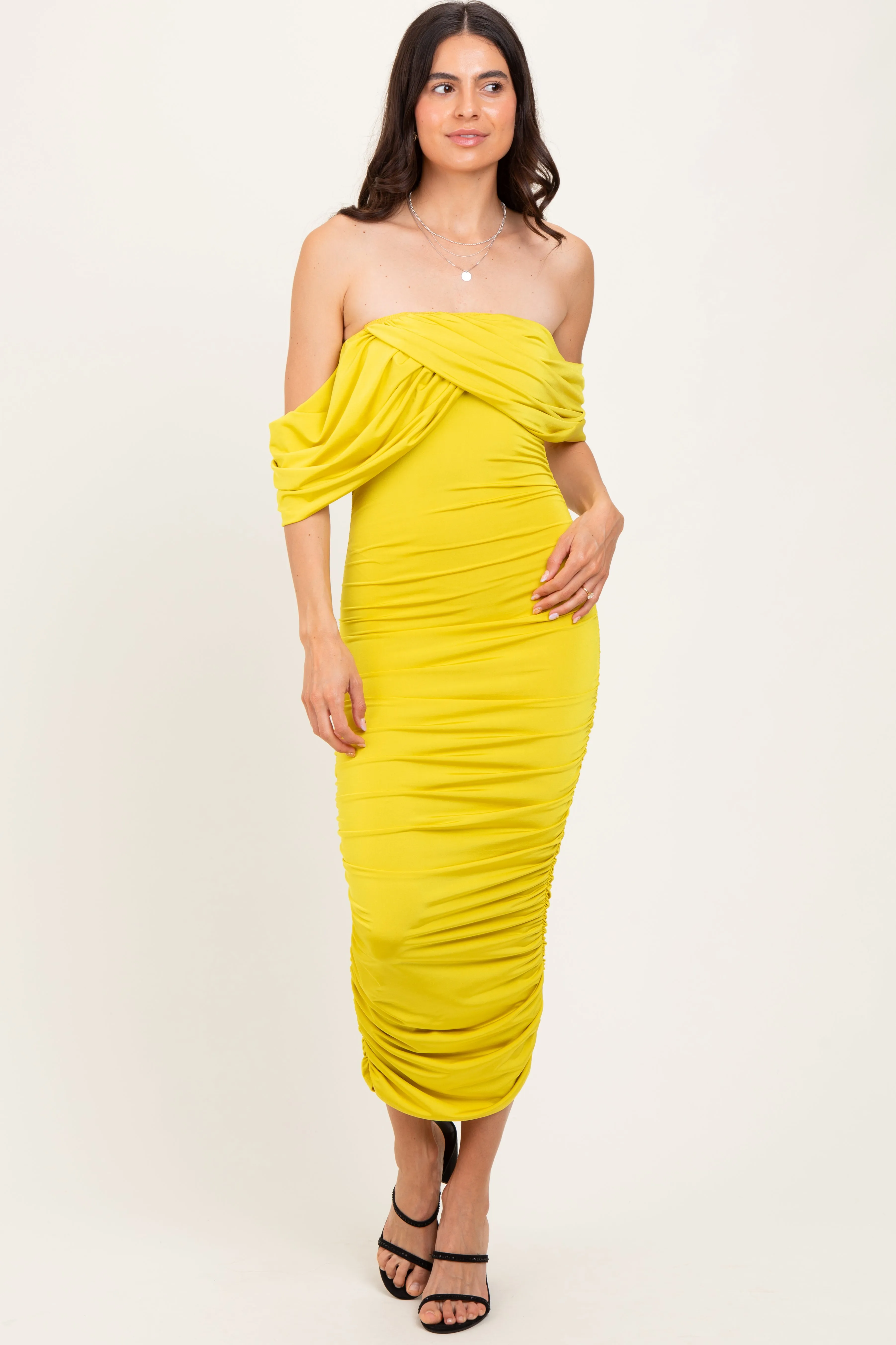 Lime Off Shoulder Draped Ruched Maternity Midi Dress sold by Pinkblush product image thumbnail 3