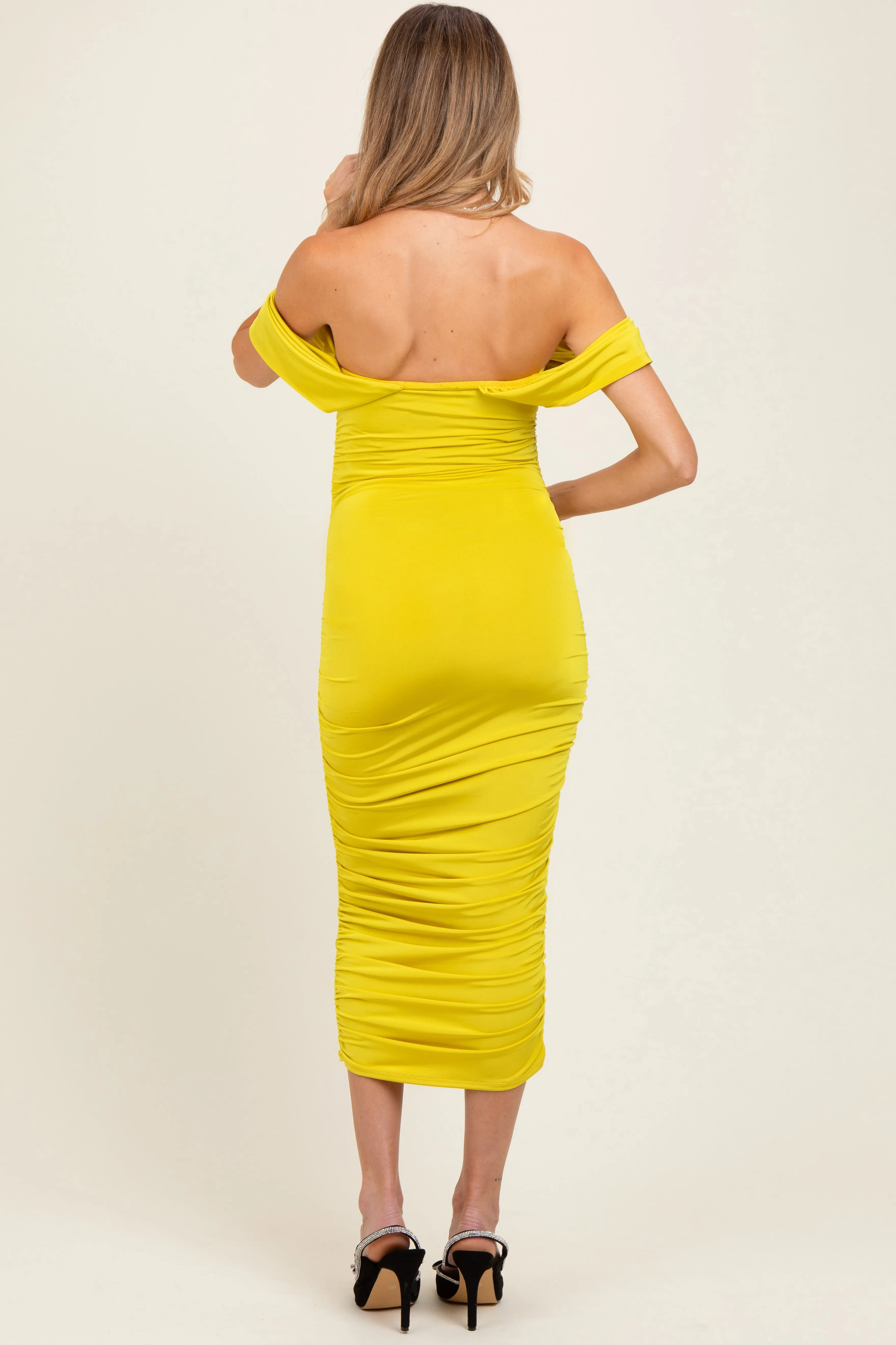 Lime Off Shoulder Draped Ruched Maternity Midi Dress sold by Pinkblush product image thumbnail 2