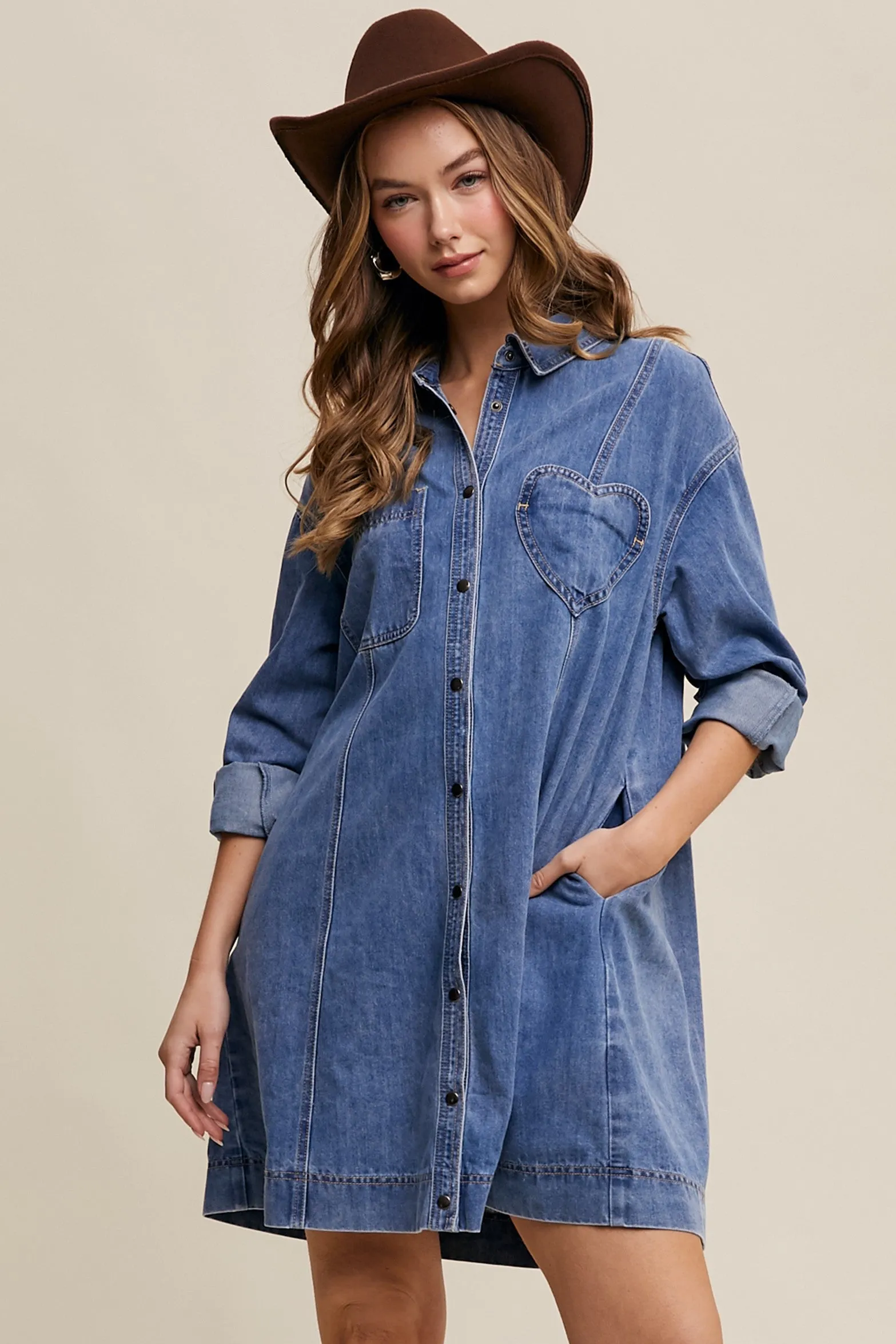 Blue Denim Heart-Pocket Shirt Dress sold by Pinkblush