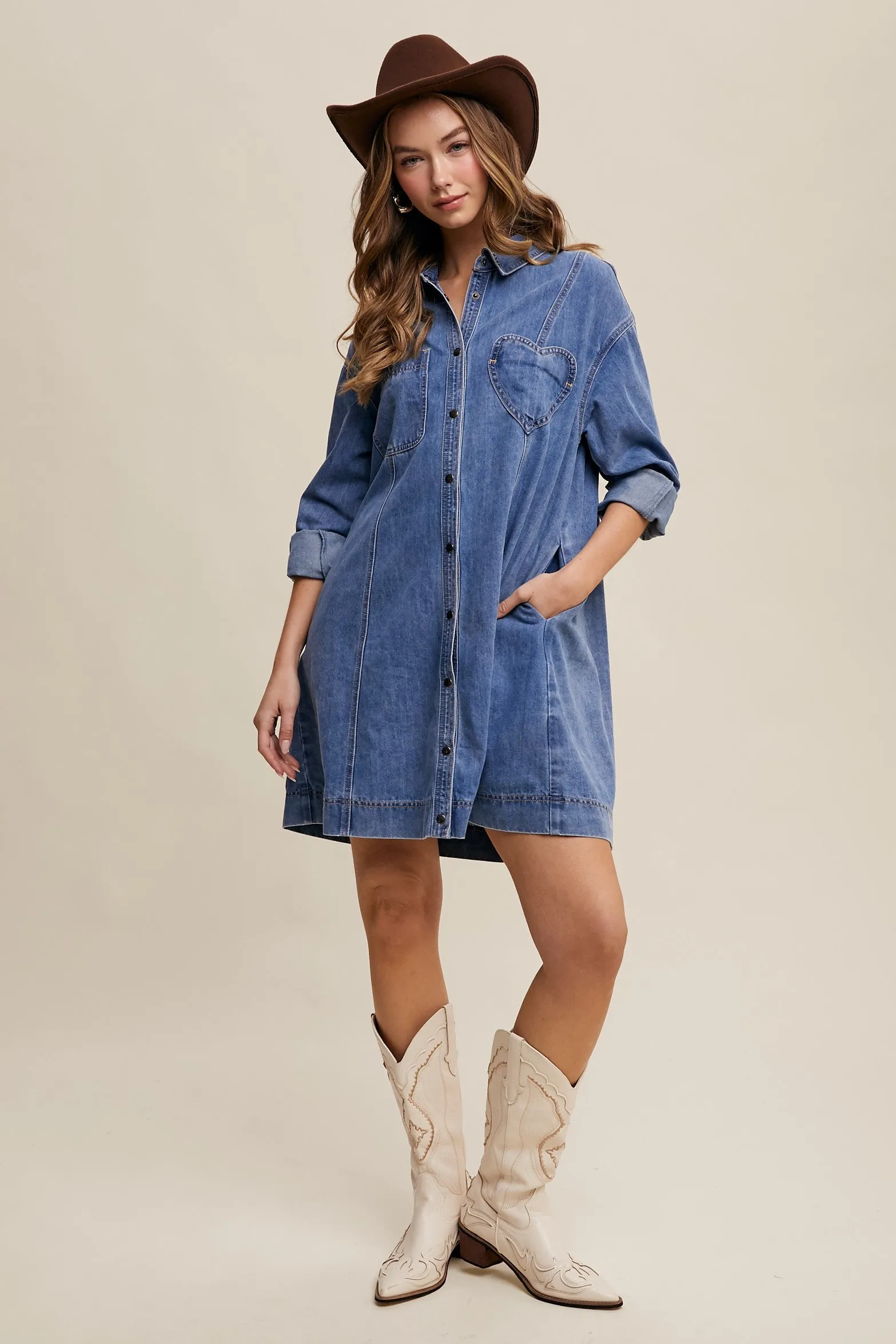Blue Denim Heart-Pocket Shirt Dress sold by Pinkblush product image thumbnail 5